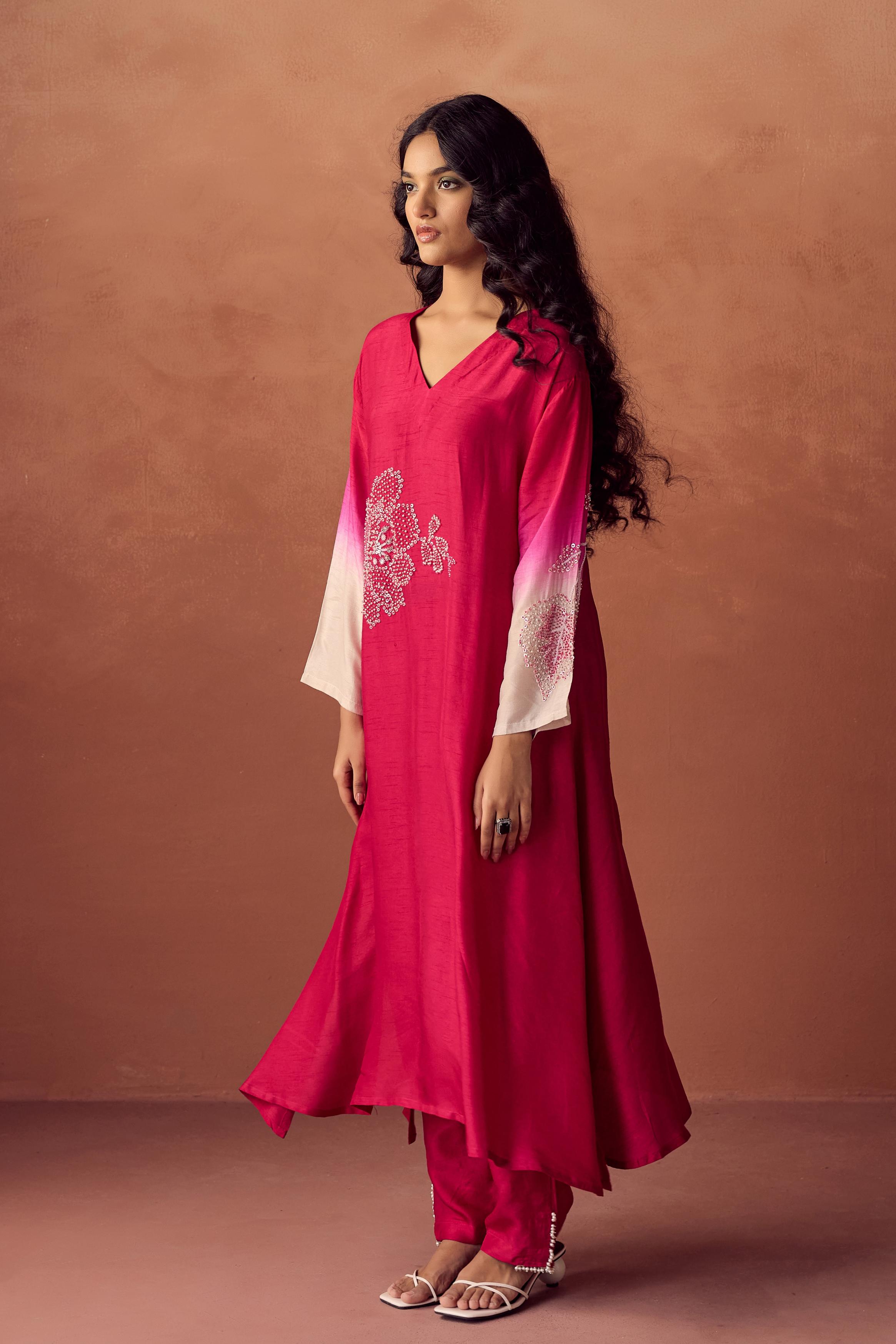 Raspberry Pink Embellished Raw Silk Kurta Set
