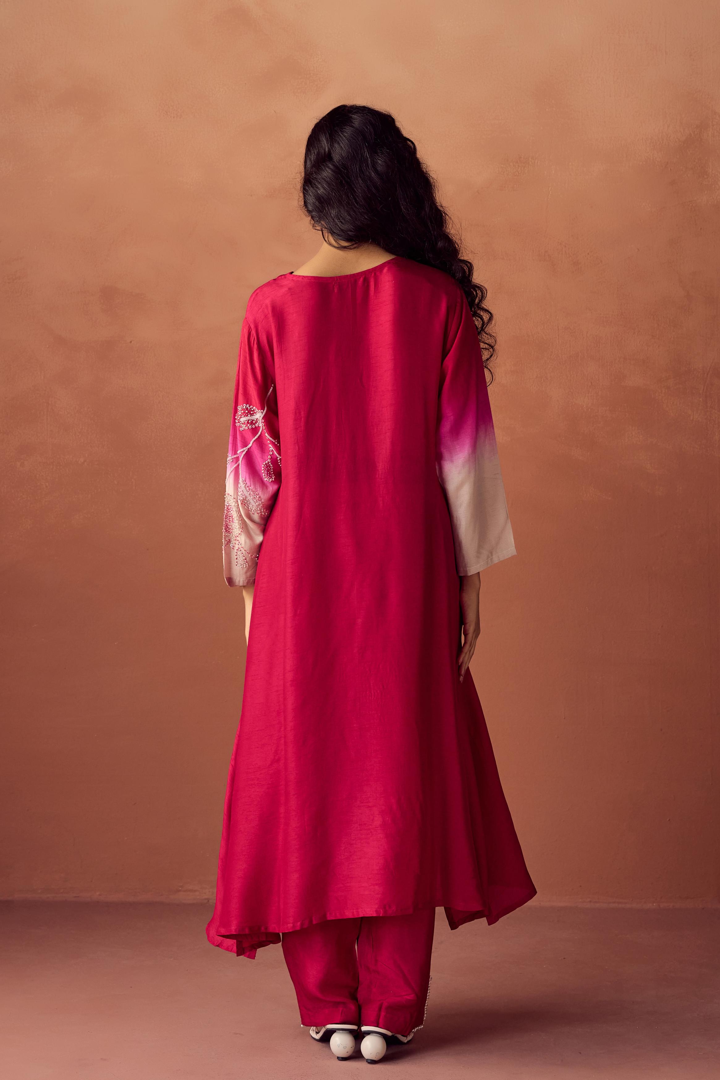 Raspberry Pink Embellished Raw Silk Kurta Set