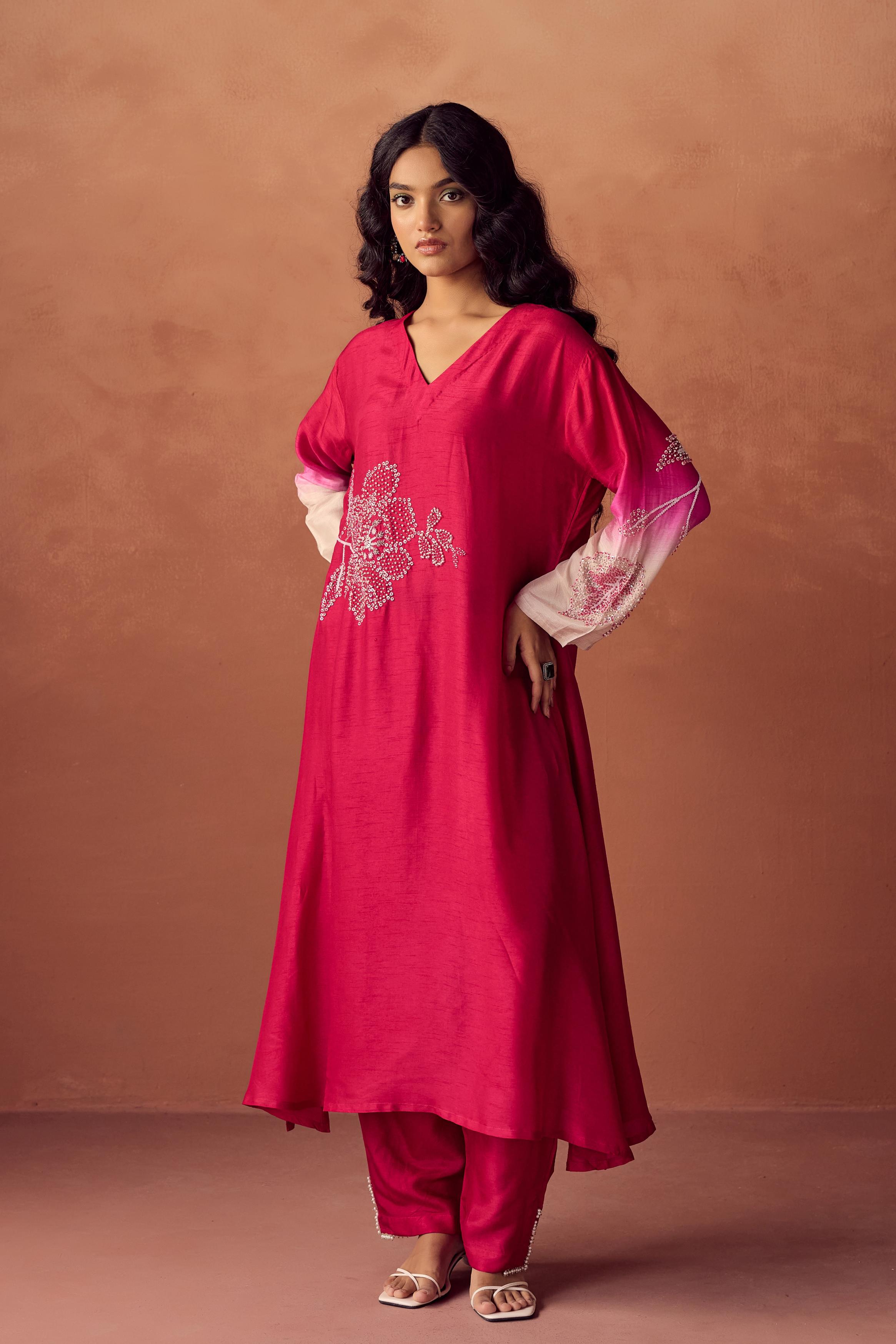 Raspberry Pink Embellished Raw Silk Kurta Set