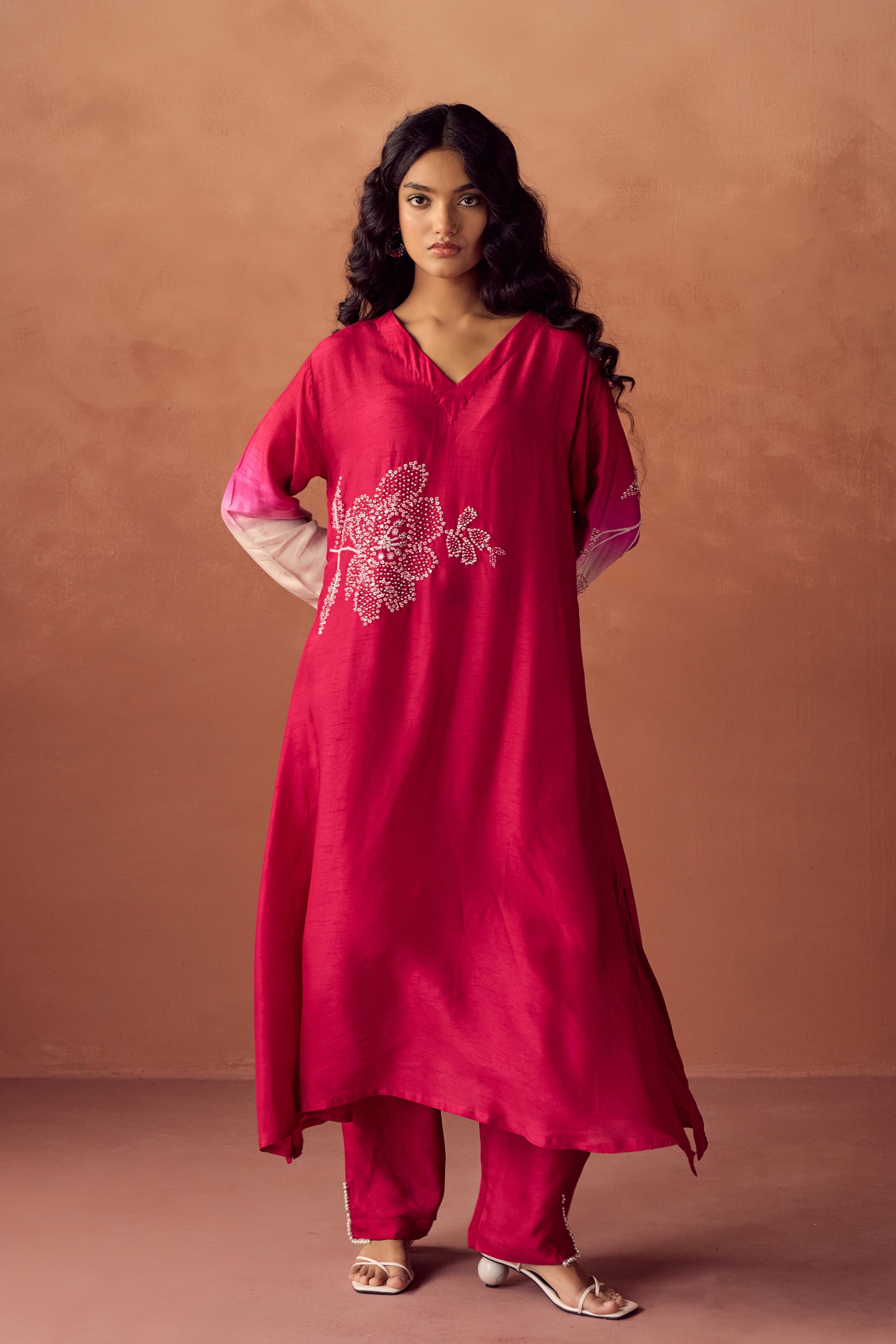 Raspberry Pink Embellished Raw Silk Kurta Set
