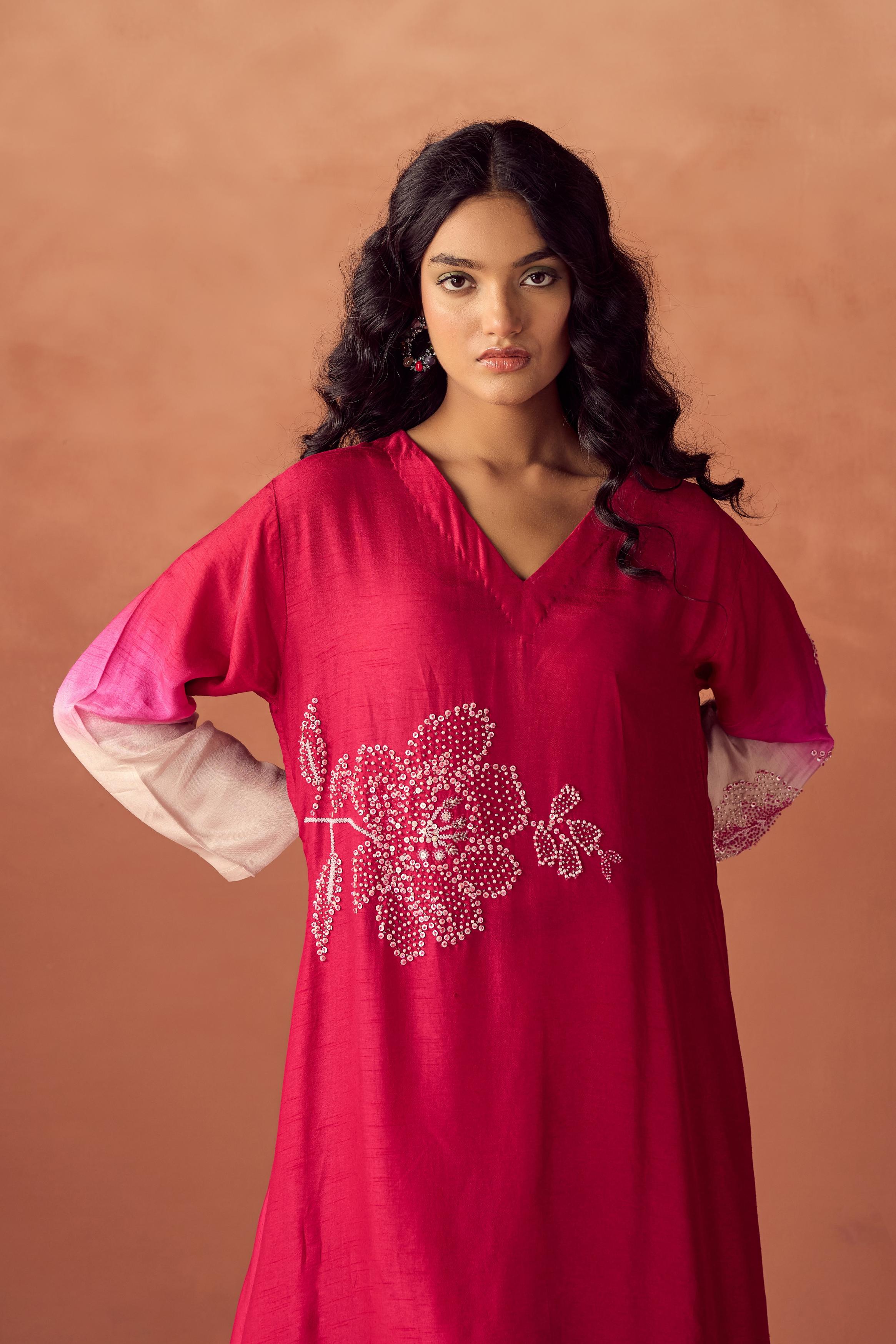 Raspberry Pink Embellished Raw Silk Kurta Set