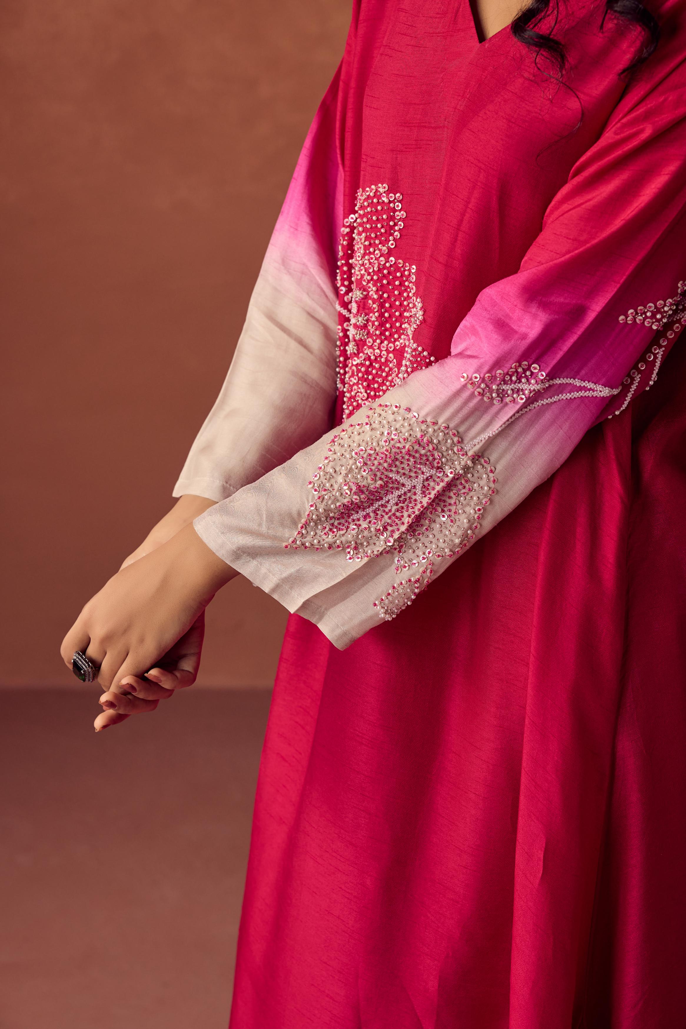 Raspberry Pink Embellished Raw Silk Kurta Set