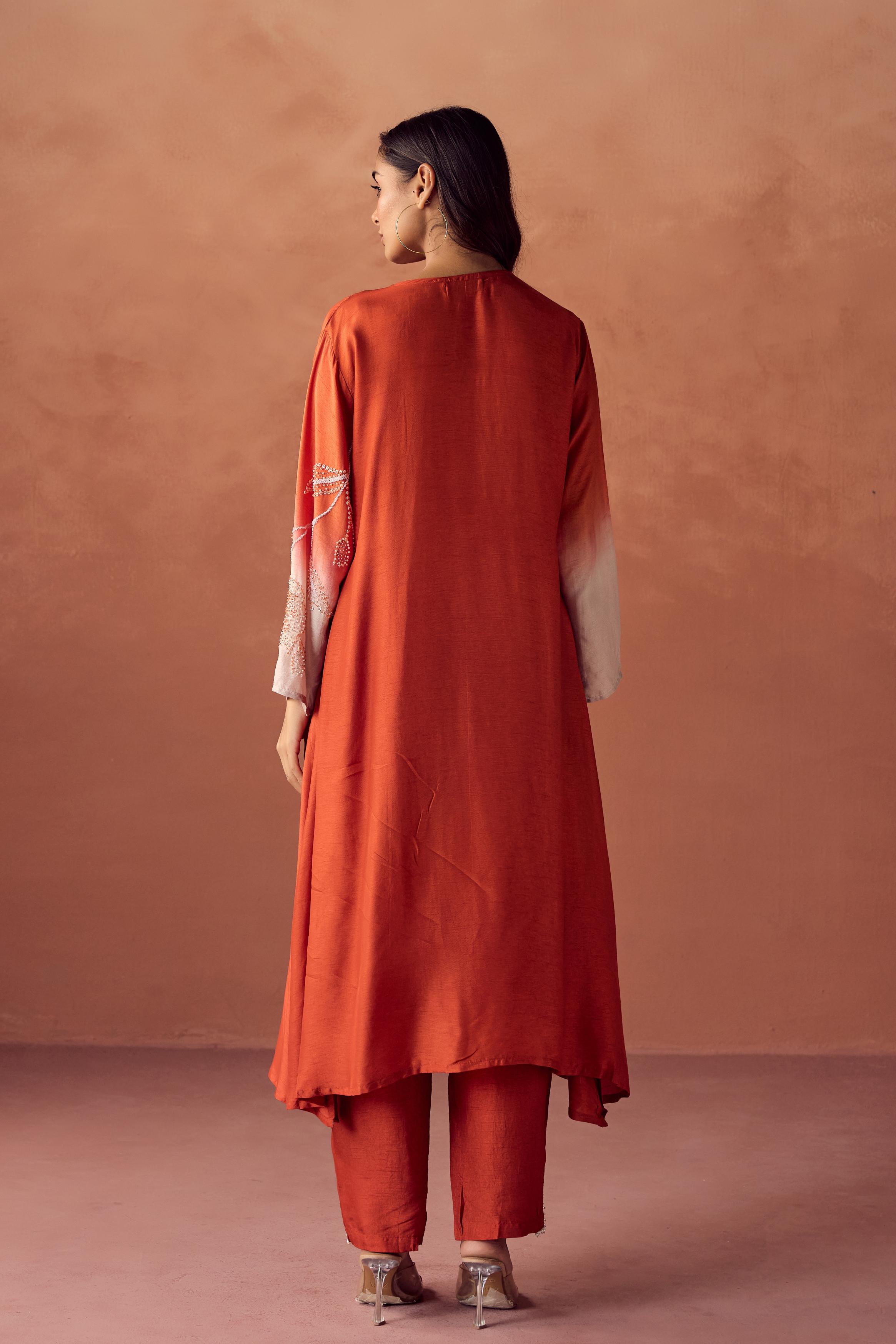 Sunset Orange Embellished Raw Silk Kurta Set