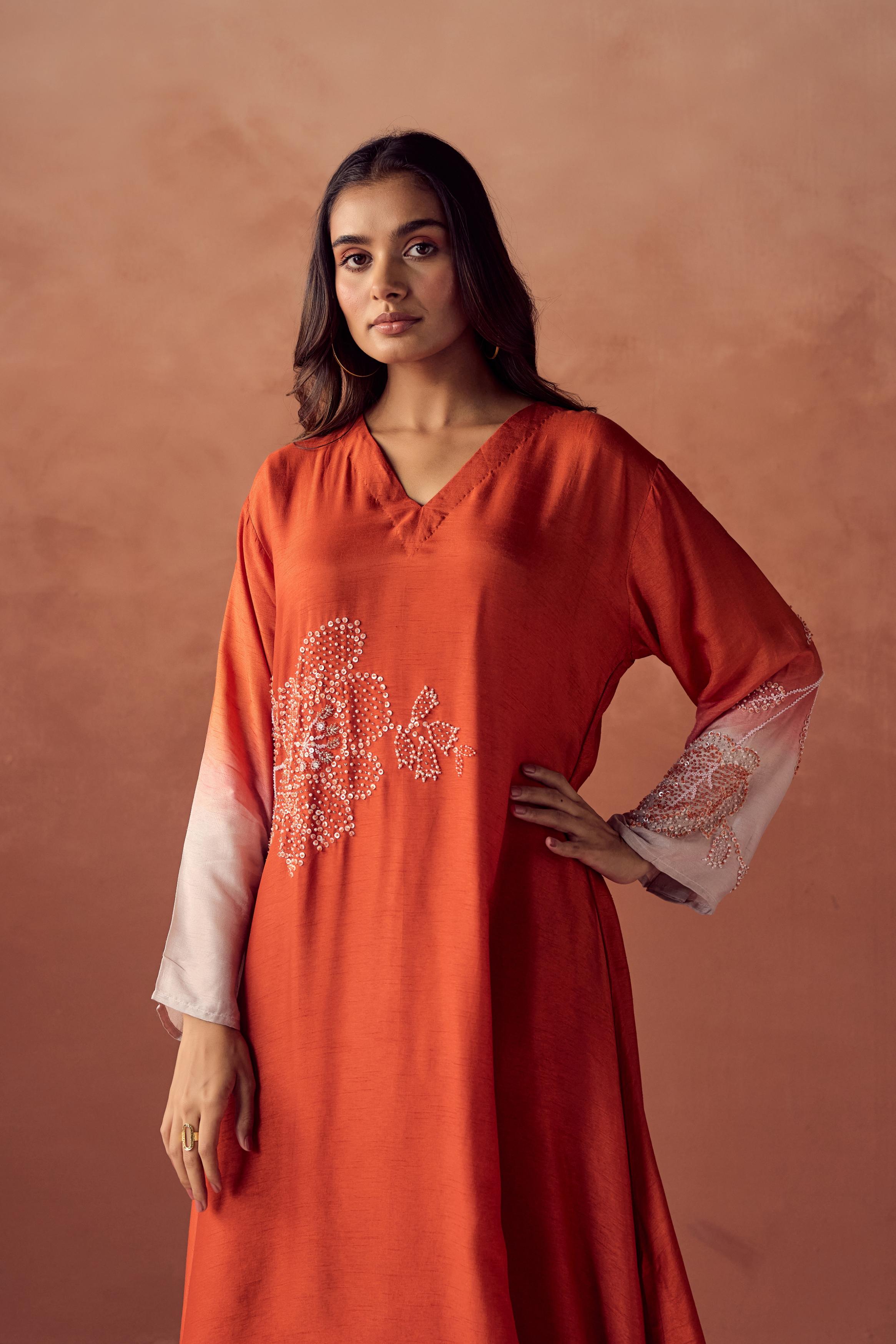 Sunset Orange Embellished Raw Silk Kurta Set