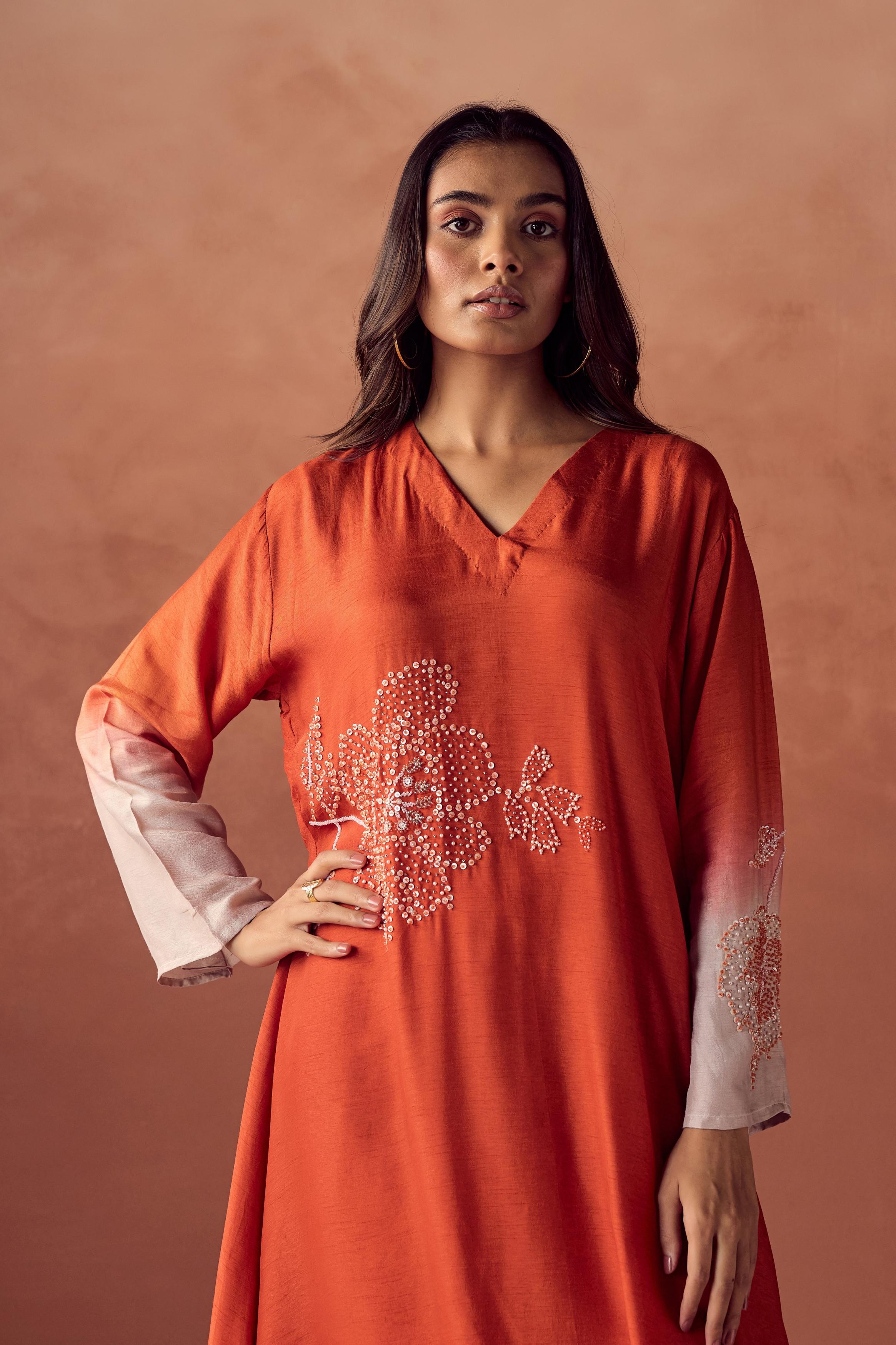 Sunset Orange Embellished Raw Silk Kurta Set