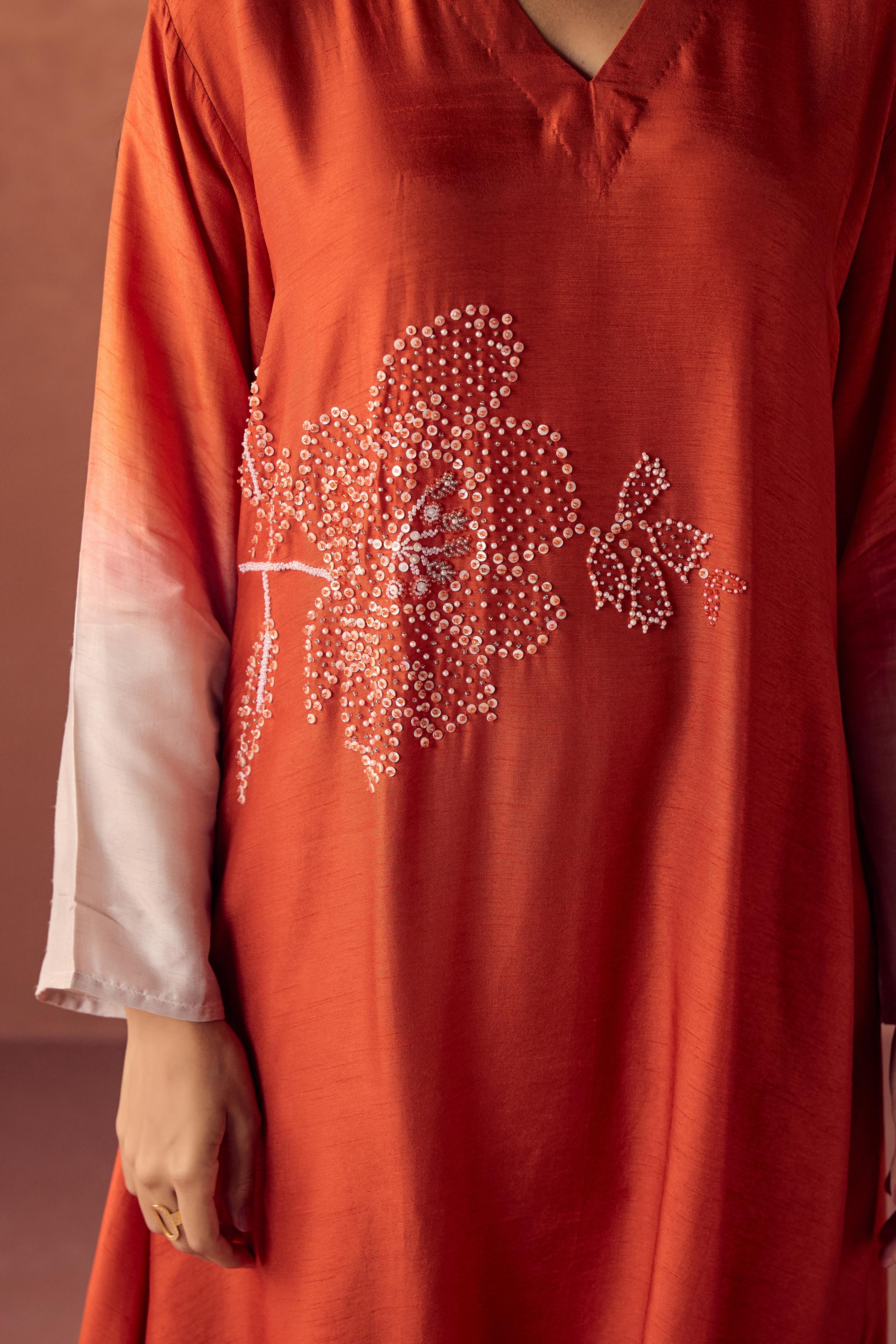 Sunset Orange Embellished Raw Silk Kurta Set