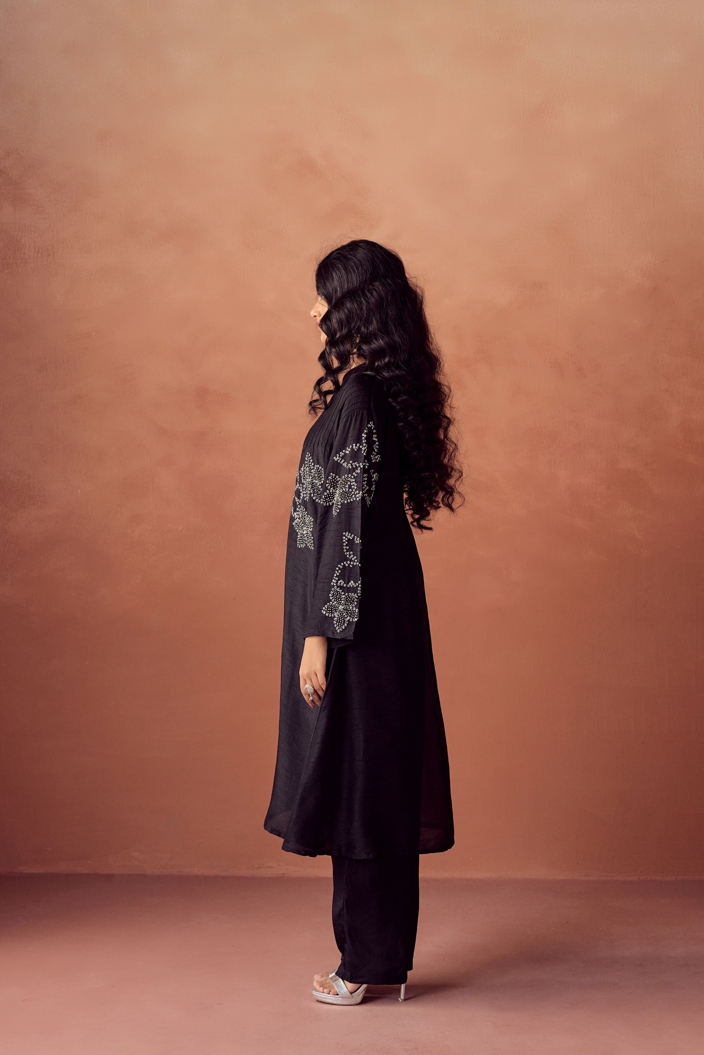 Black Raw Silk Ombre Dyed Pant Set