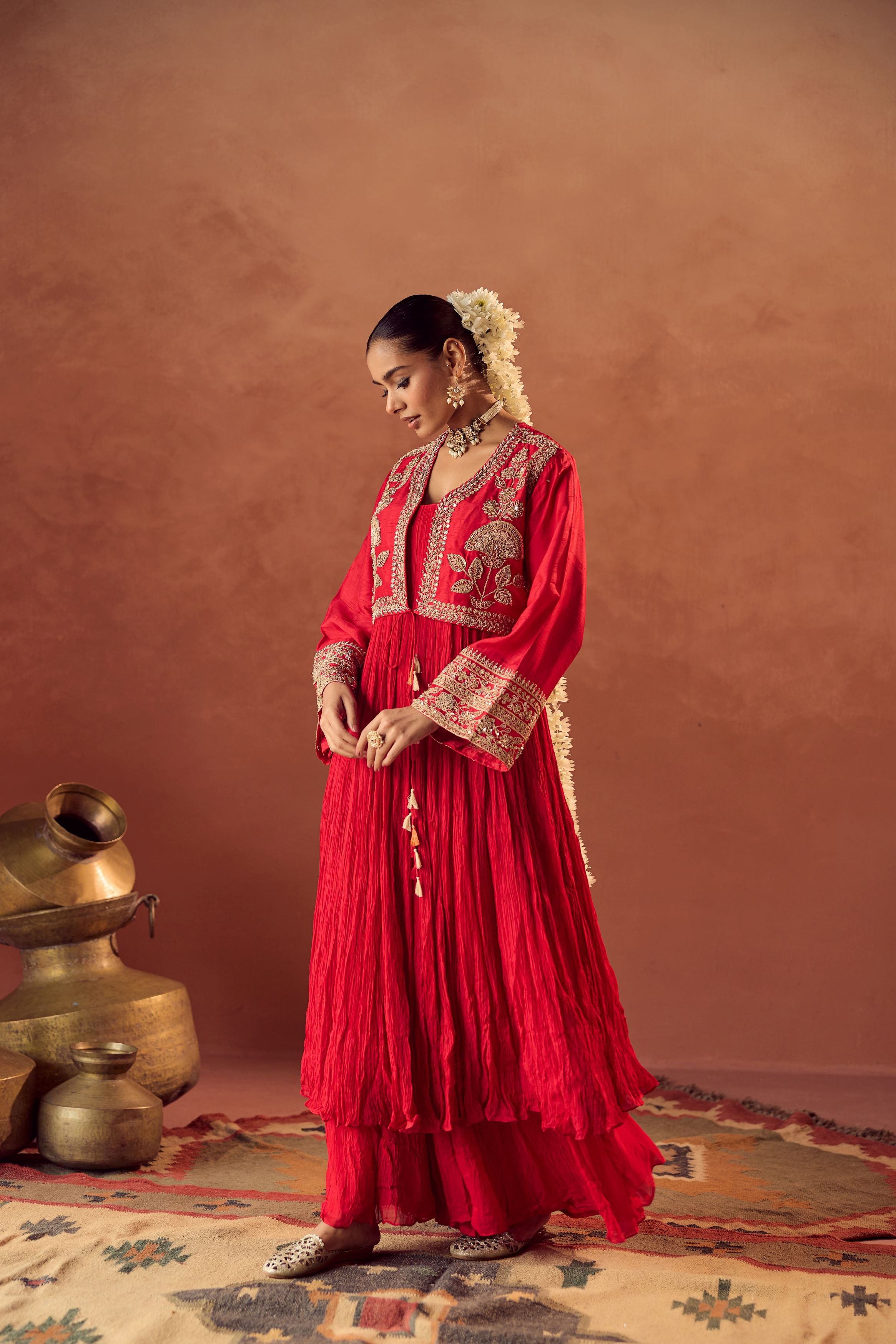 Crimson Red Embellished Georgette Silk Palazzo Set