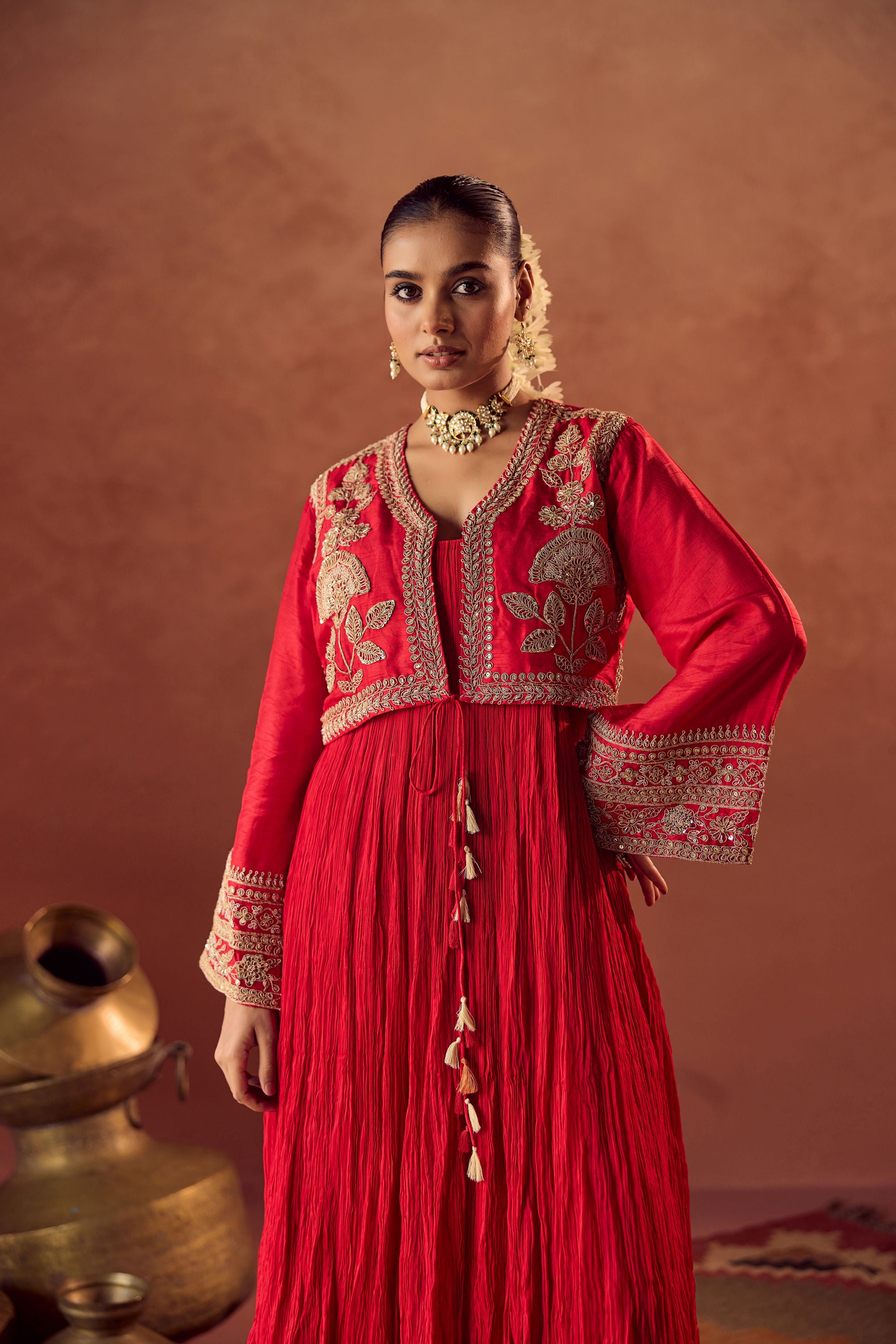 Crimson Red Embellished Georgette Silk Palazzo Set