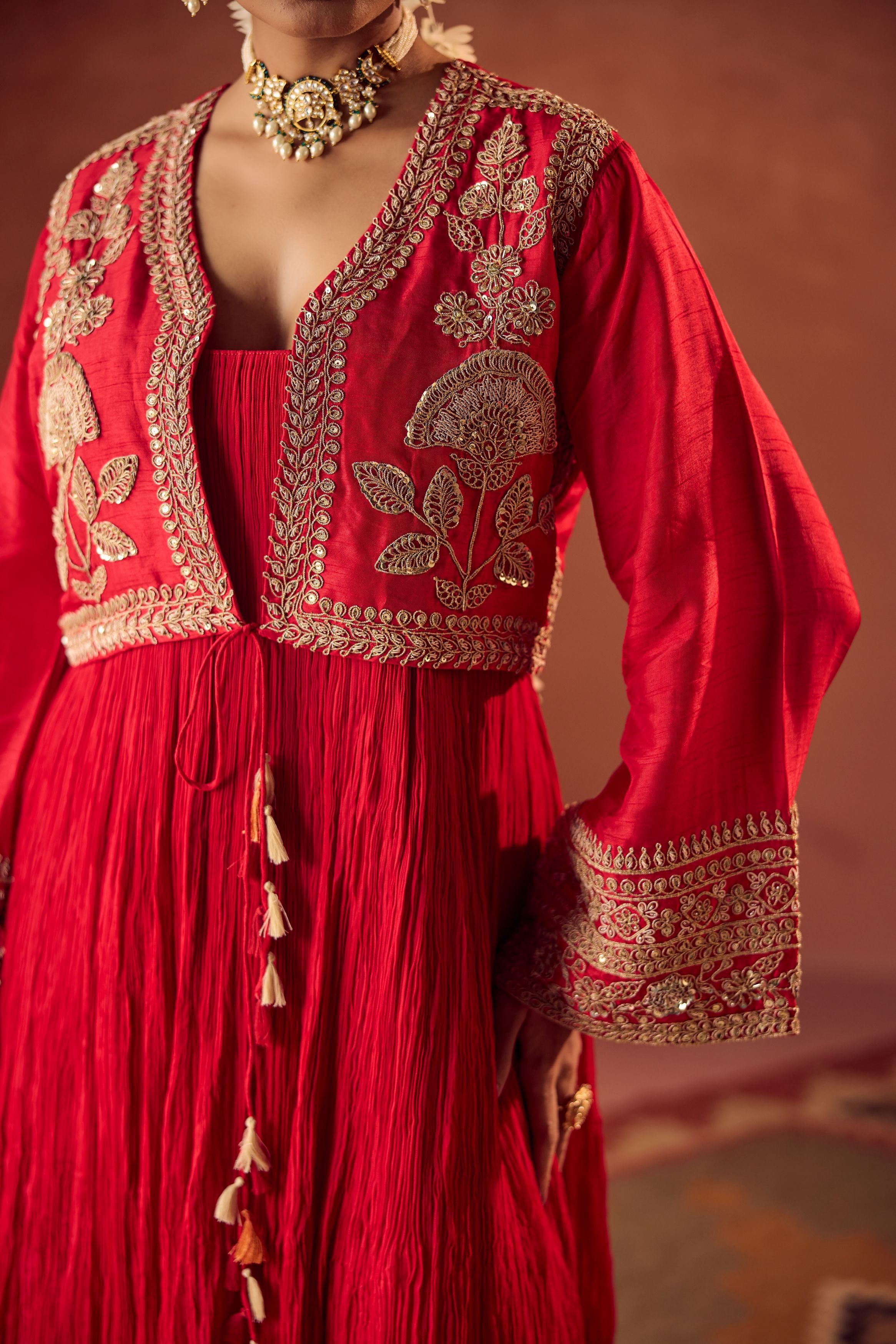 Crimson Red Embellished Georgette Silk Palazzo Set
