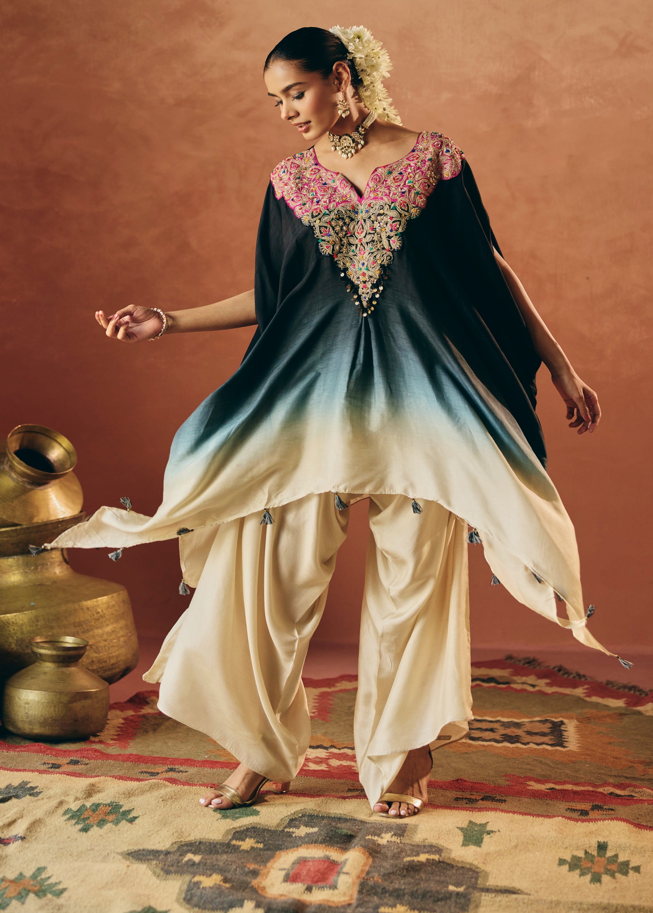 Black Embellished Raw Silk Kaftan Set