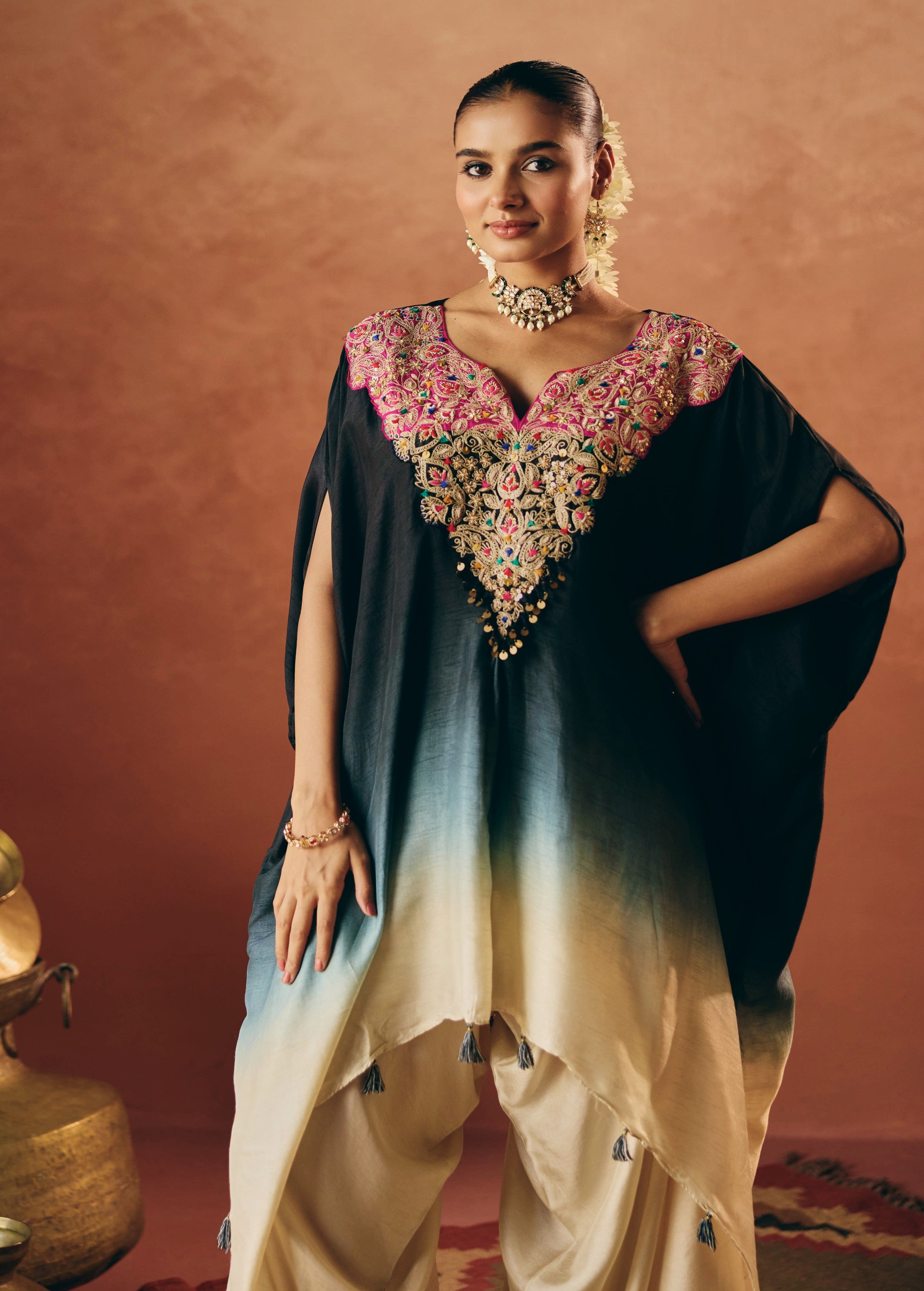 Black Embellished Raw Silk Kaftan Set