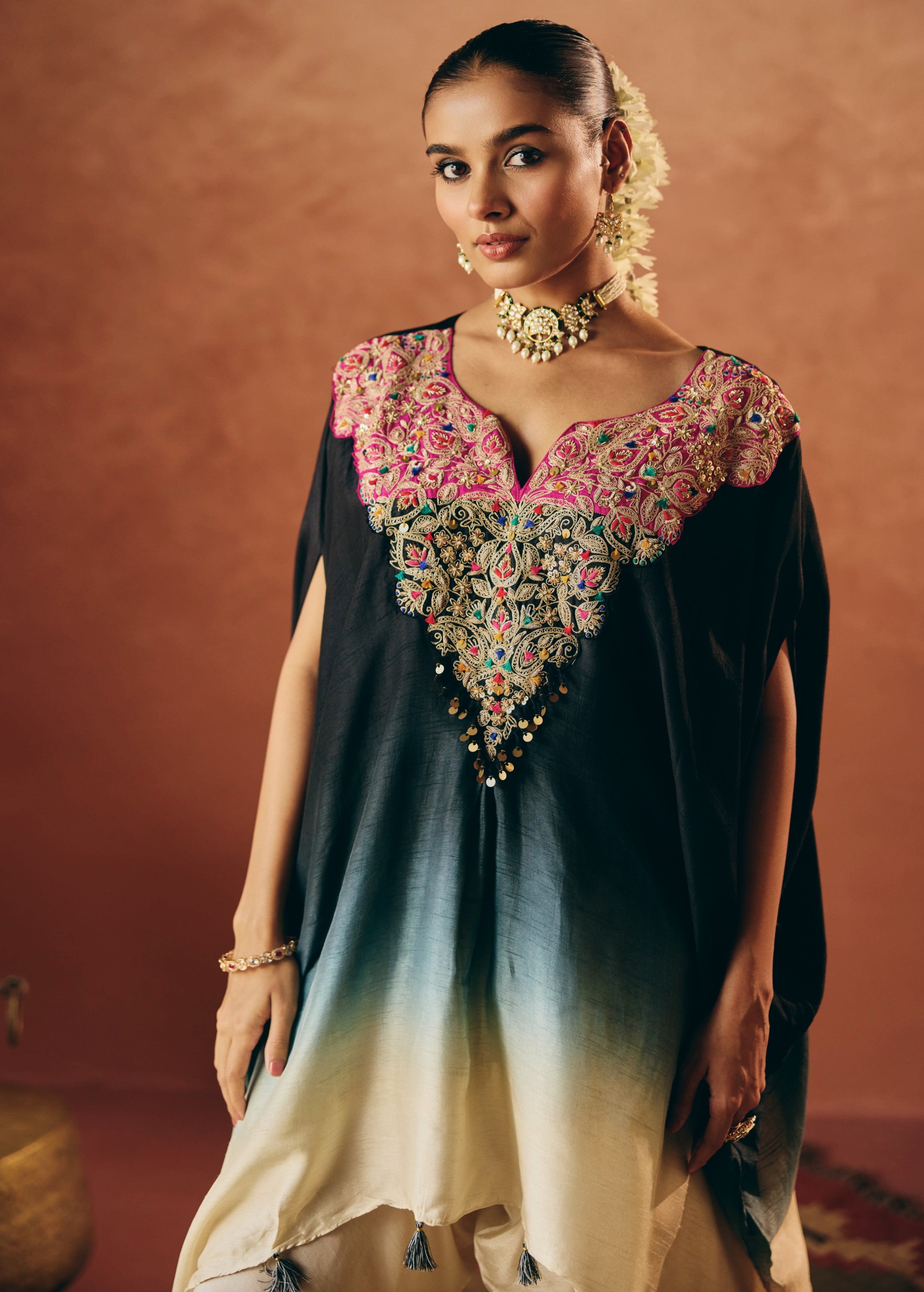Black Embellished Raw Silk Kaftan Set