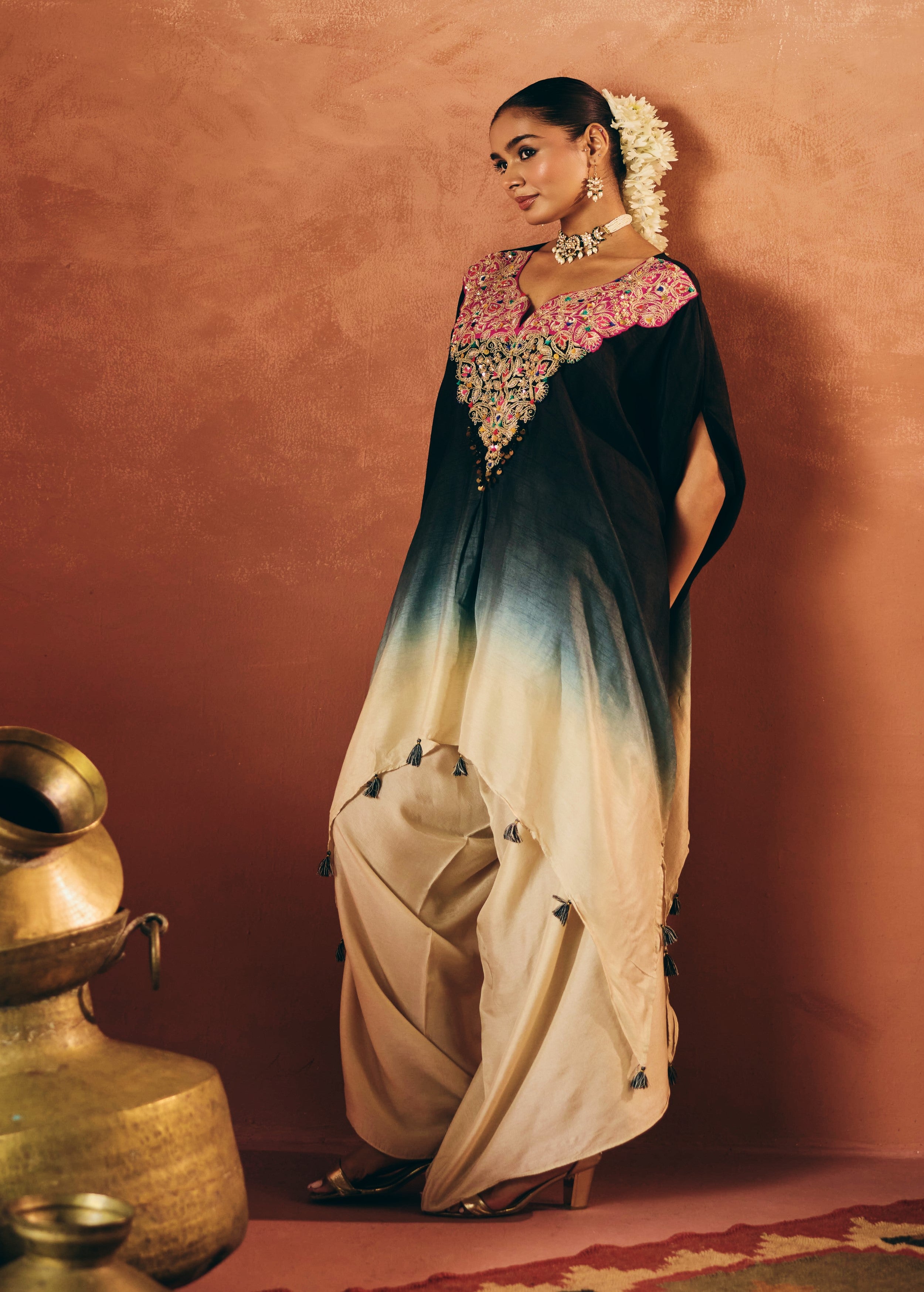 Black Embellished Raw Silk Kaftan Set
