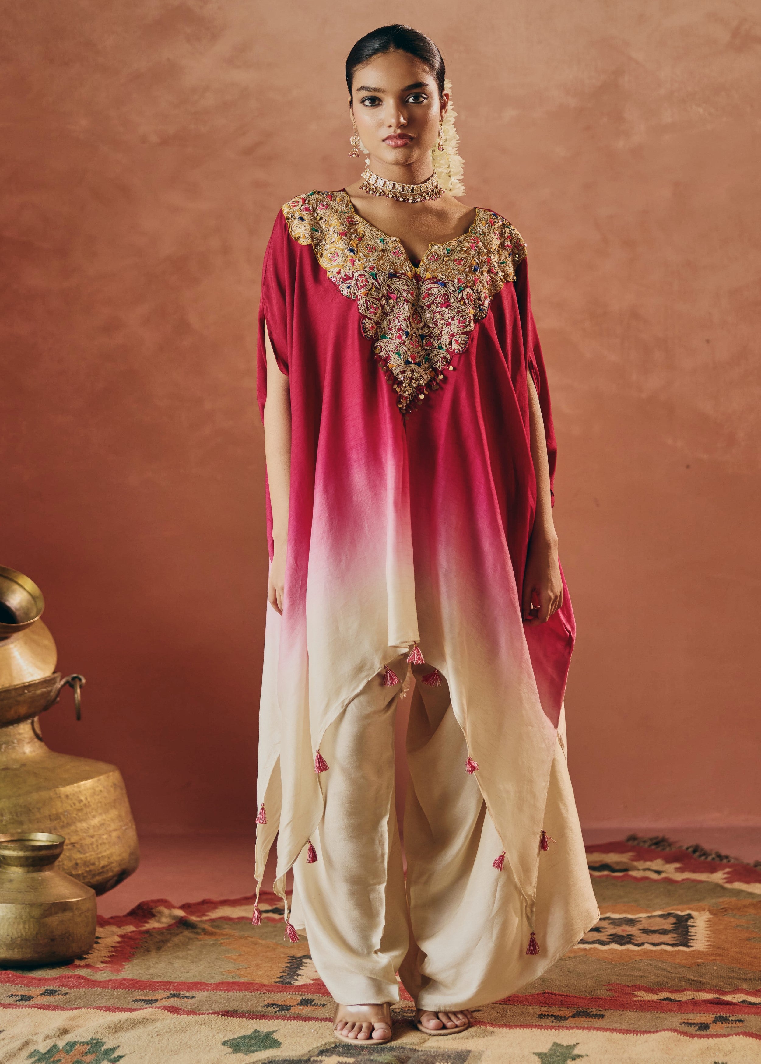Rich Magenta Embellished Raw Silk Kaftan Set