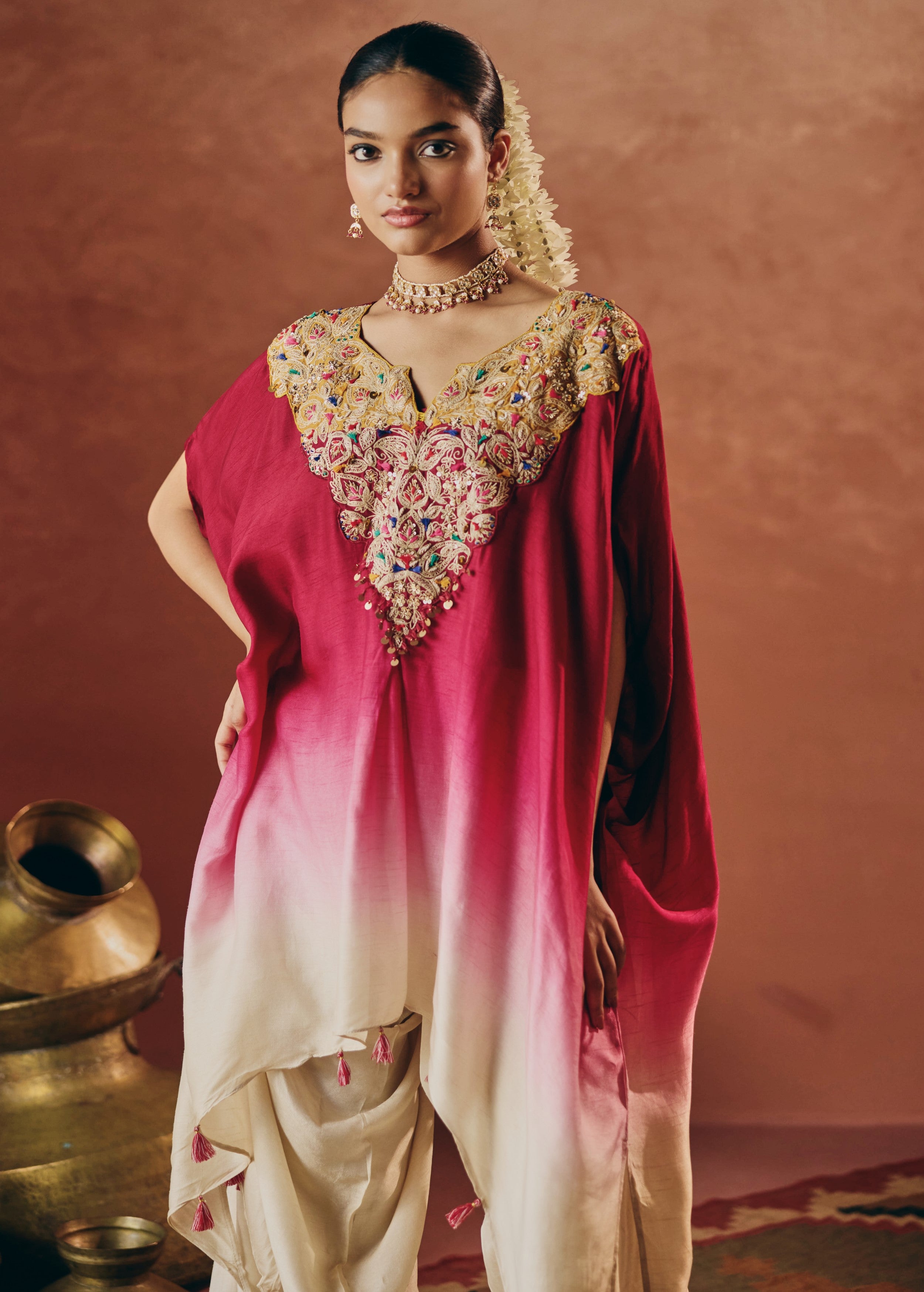 Rich Magenta Embellished Raw Silk Kaftan Set
