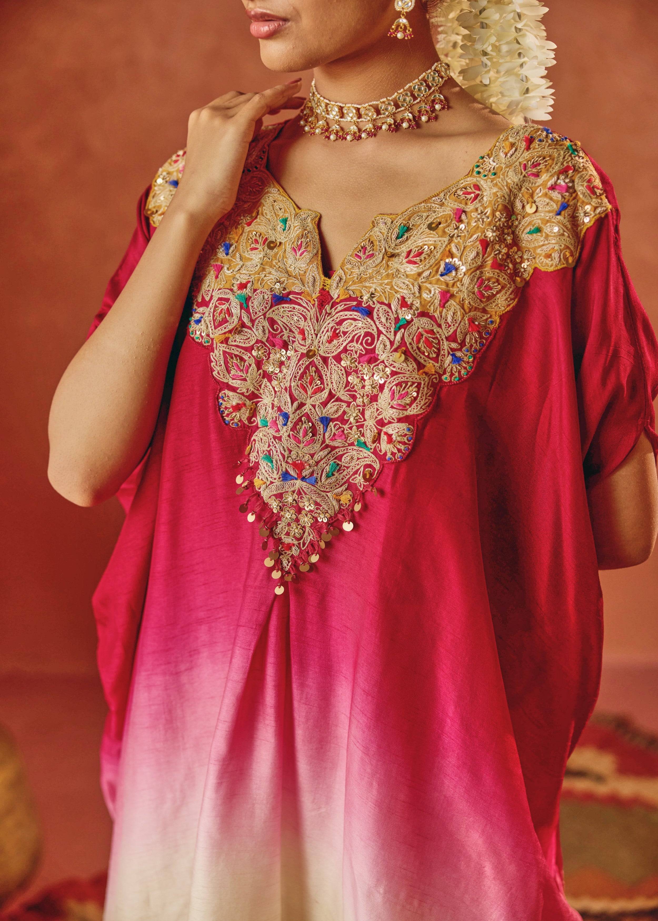 Rich Magenta Embellished Raw Silk Kaftan Set