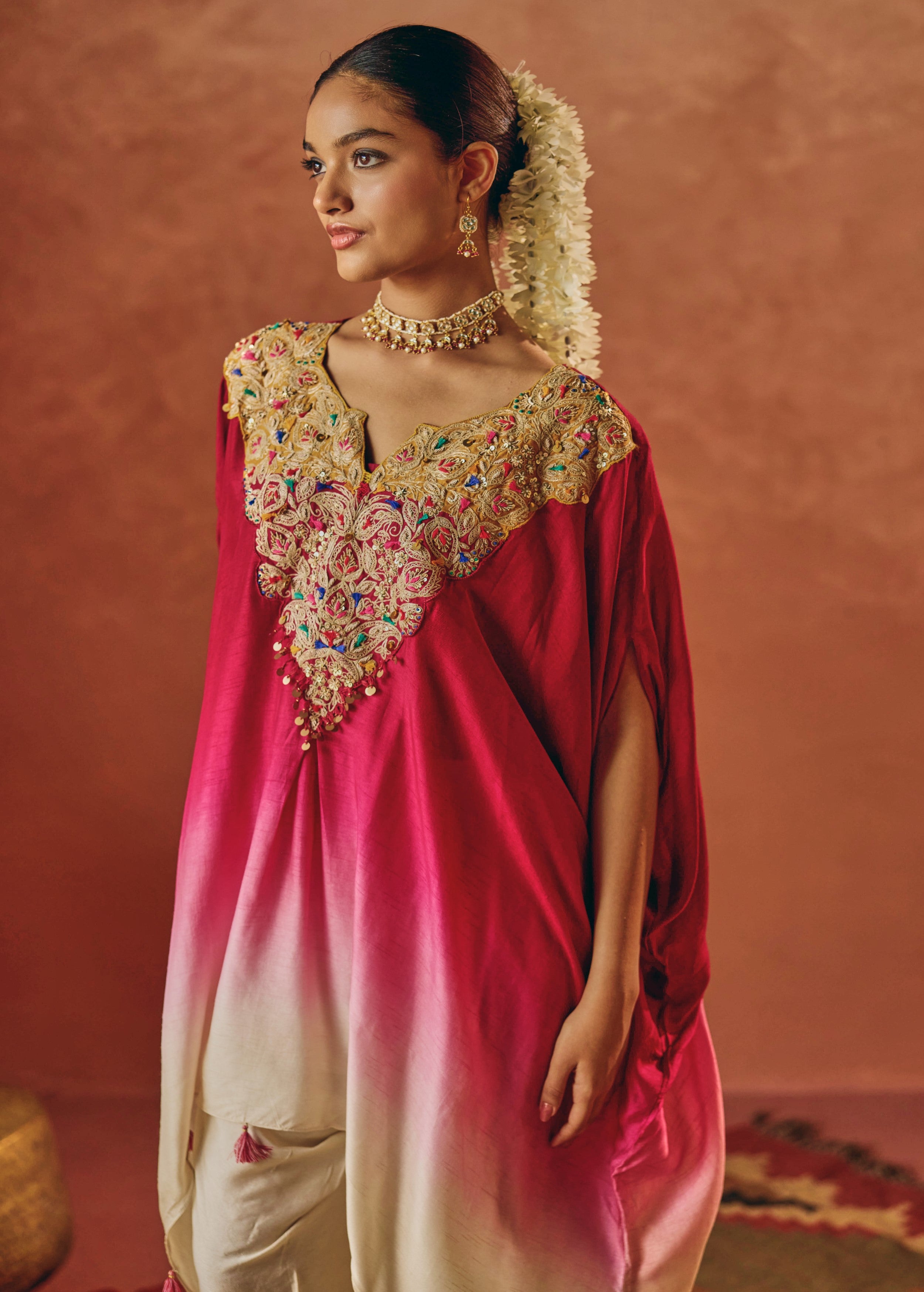 Rich Magenta Embellished Raw Silk Kaftan Set