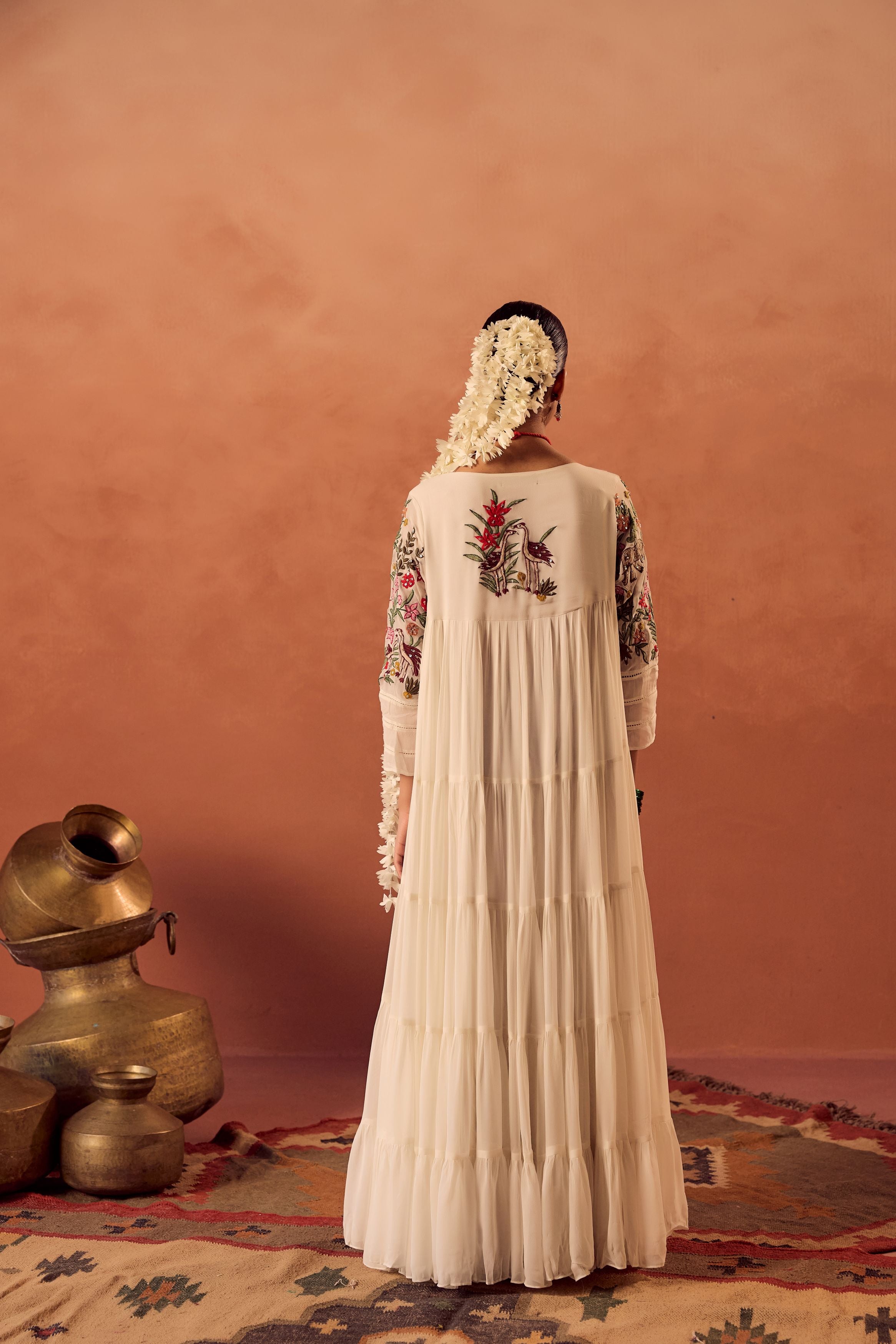 White Embroidered Georgette silk Anarkali Gown