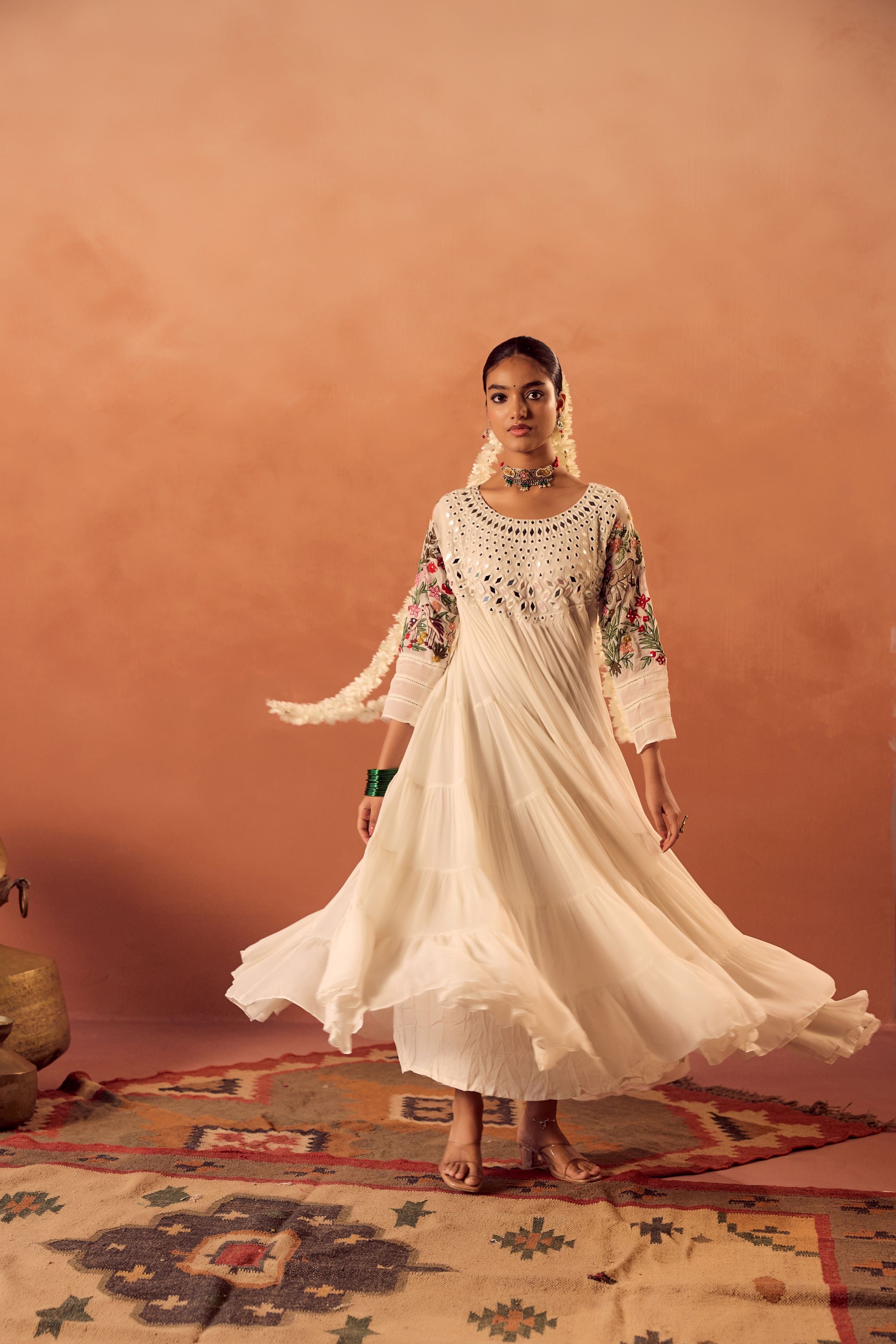 White Embroidered Georgette silk Anarkali Gown
