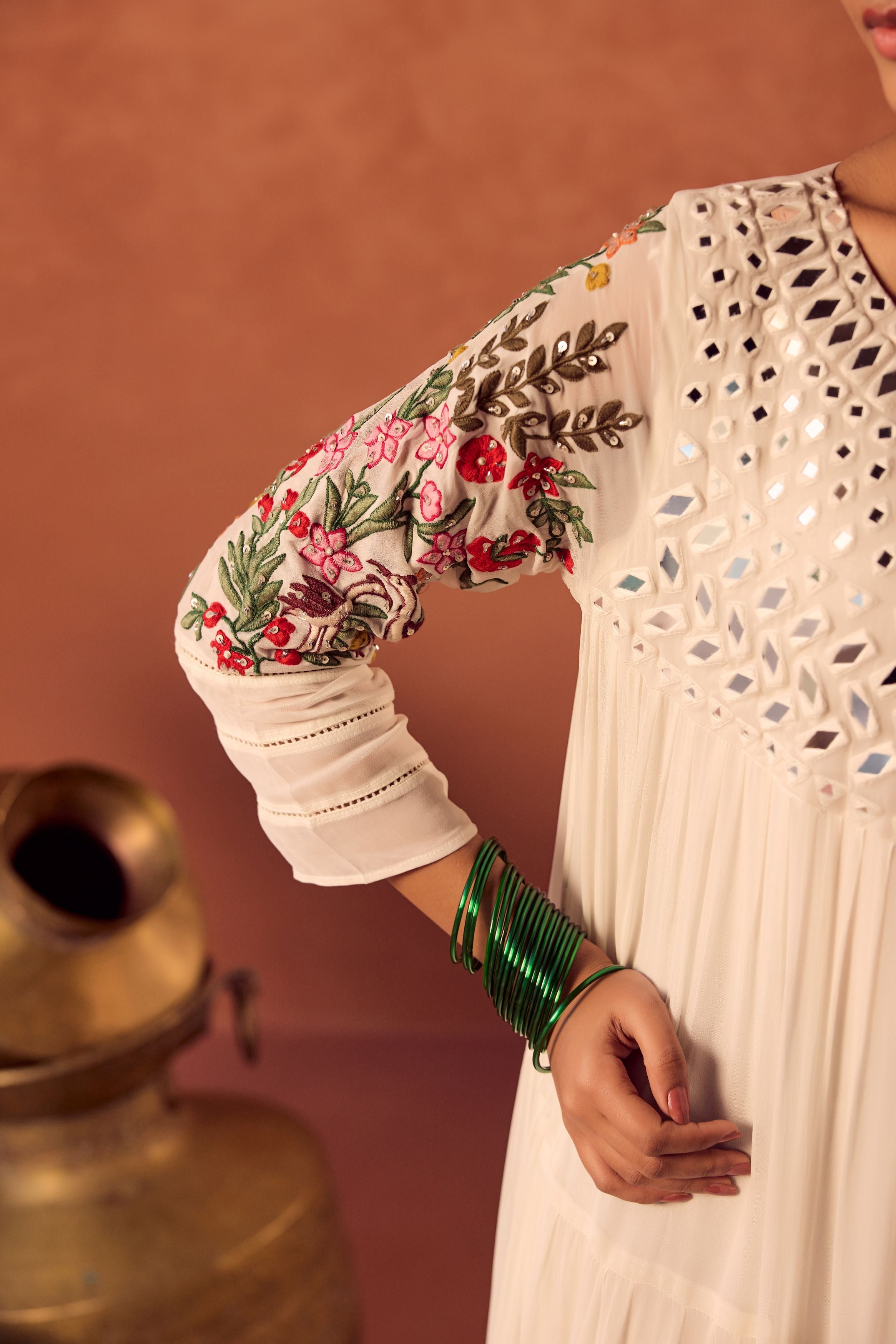 White Embroidered Georgette silk Anarkali Gown