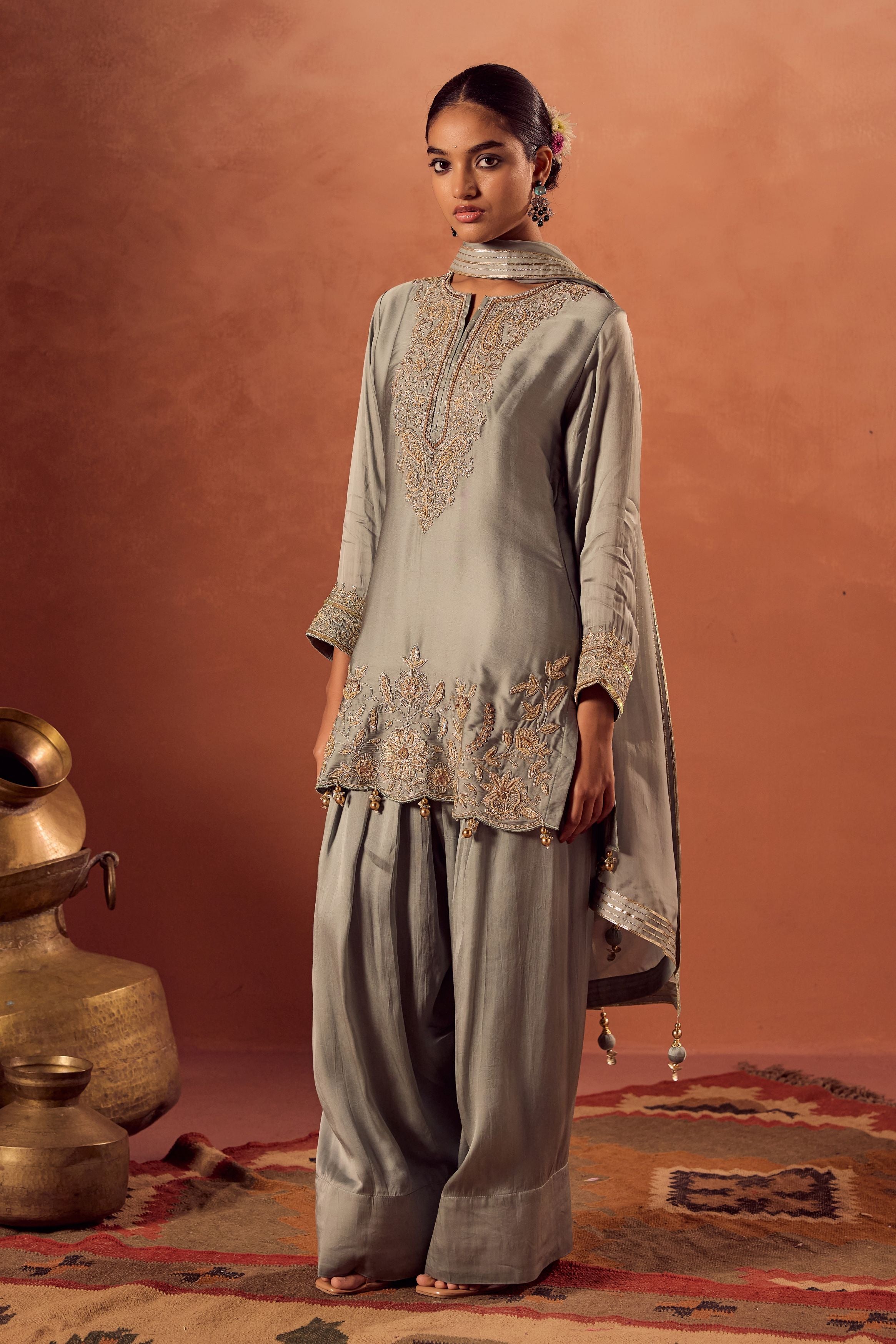 Pastel Teal Embellished Satin Silk Palazzo Set