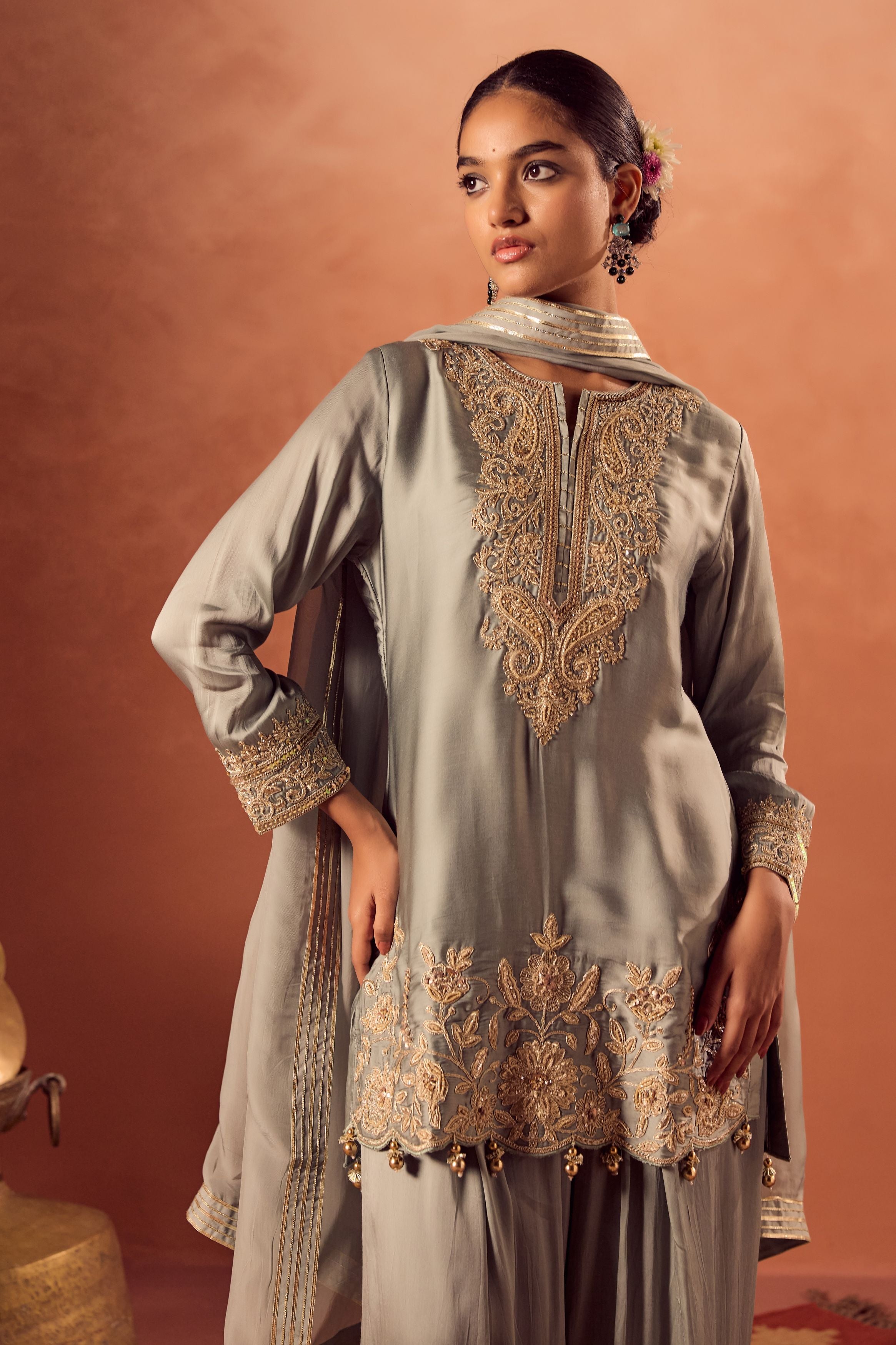 Pastel Teal Embellished Satin Silk Palazzo Set