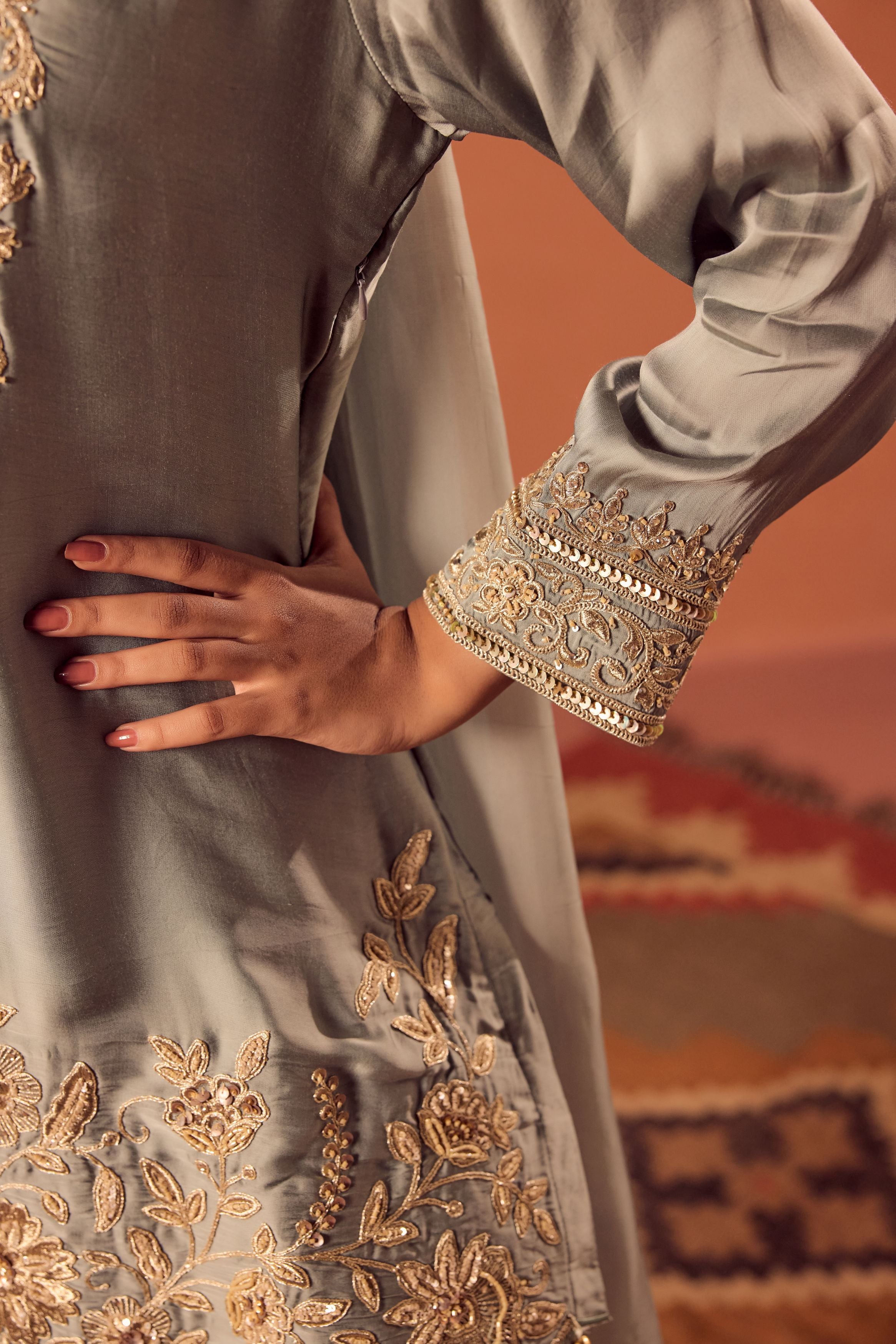 Pastel Teal Embellished Satin Silk Palazzo Set