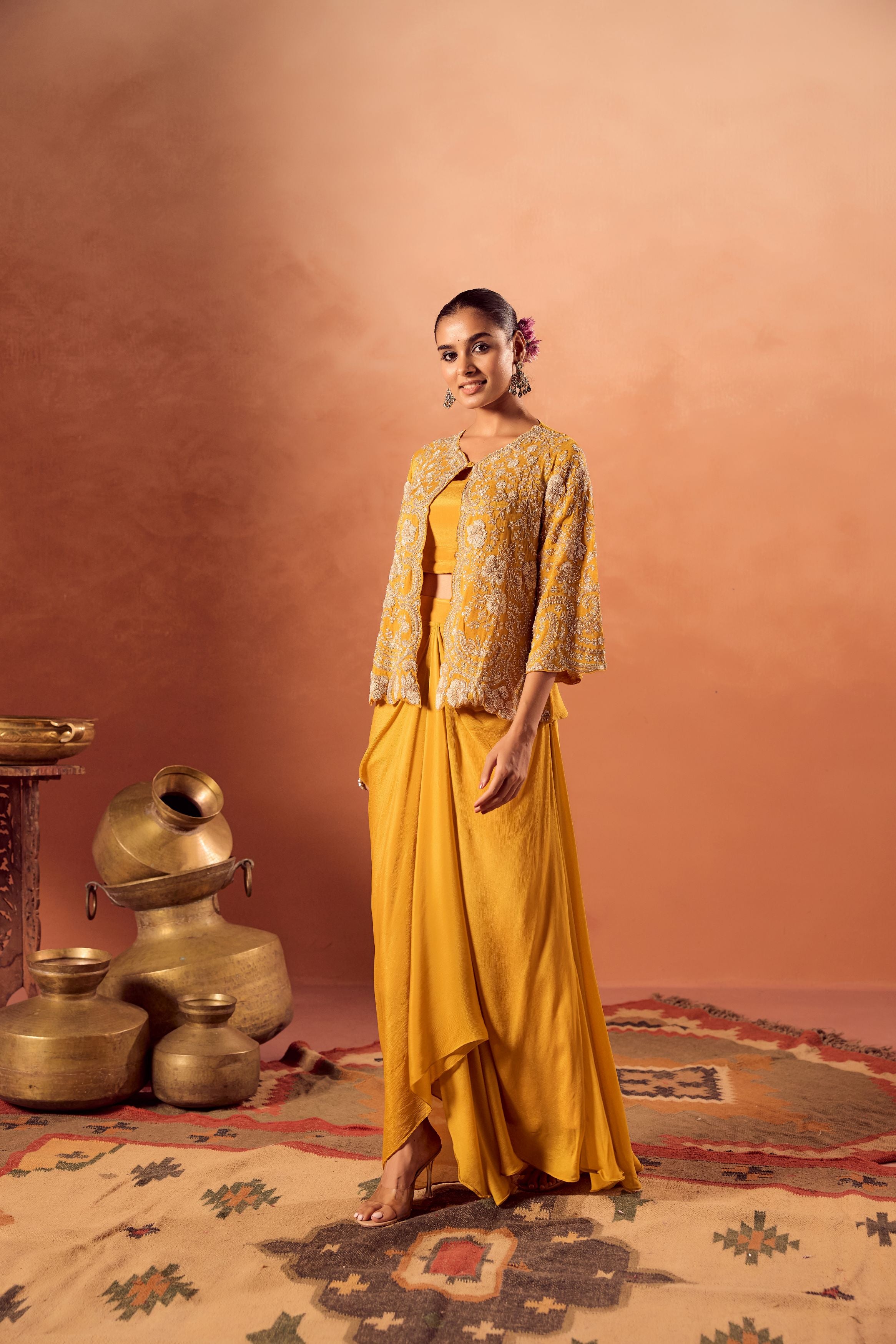 Bright Mustard Embellished Chinon Silk Skirt Set