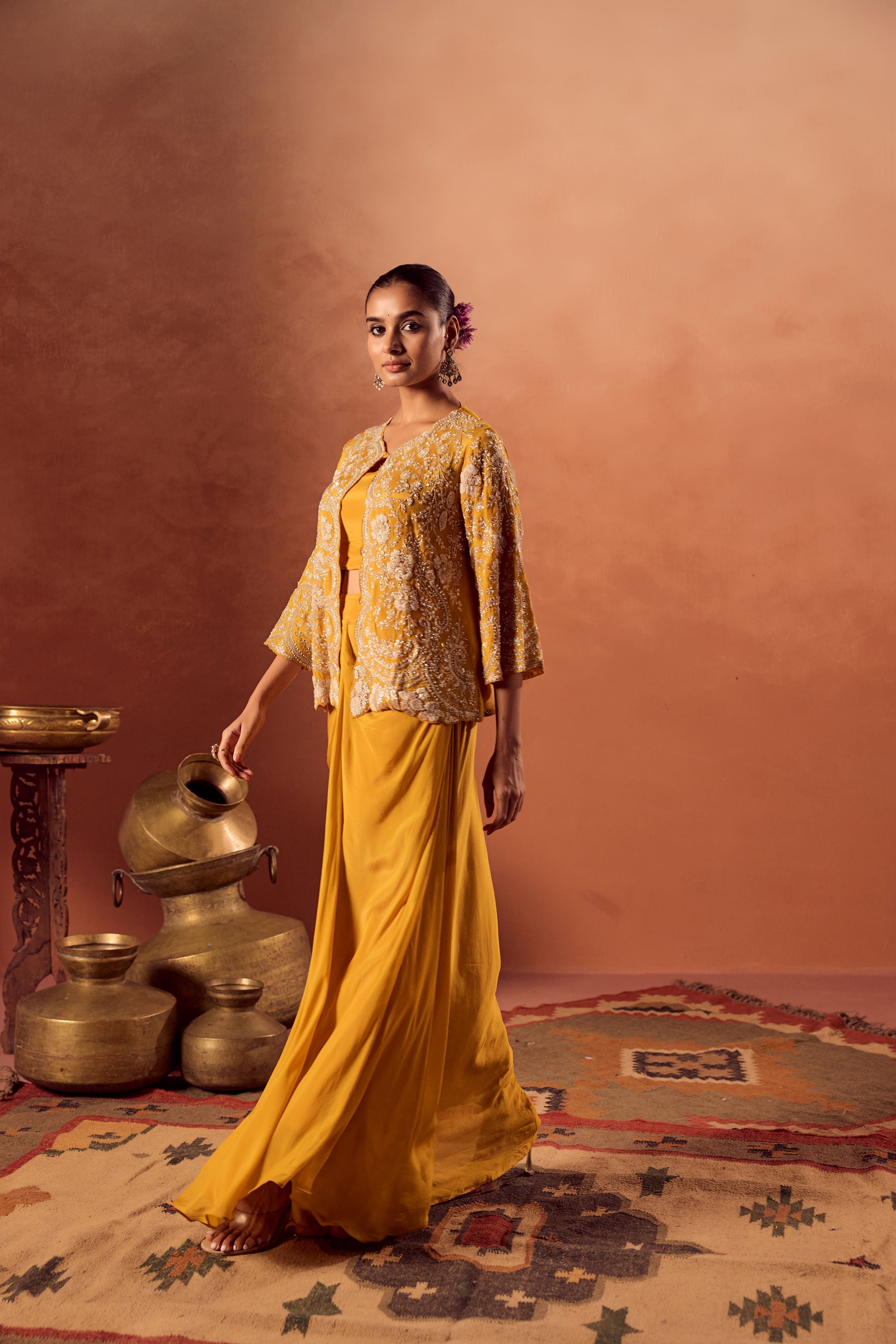 Bright Mustard Embellished Chinon Silk Skirt Set
