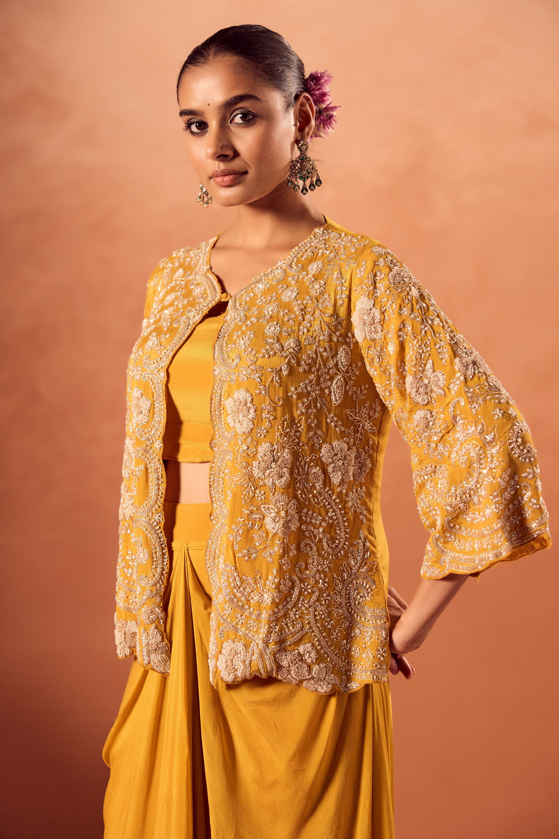 Bright Mustard Embellished Chinon Silk Skirt Set