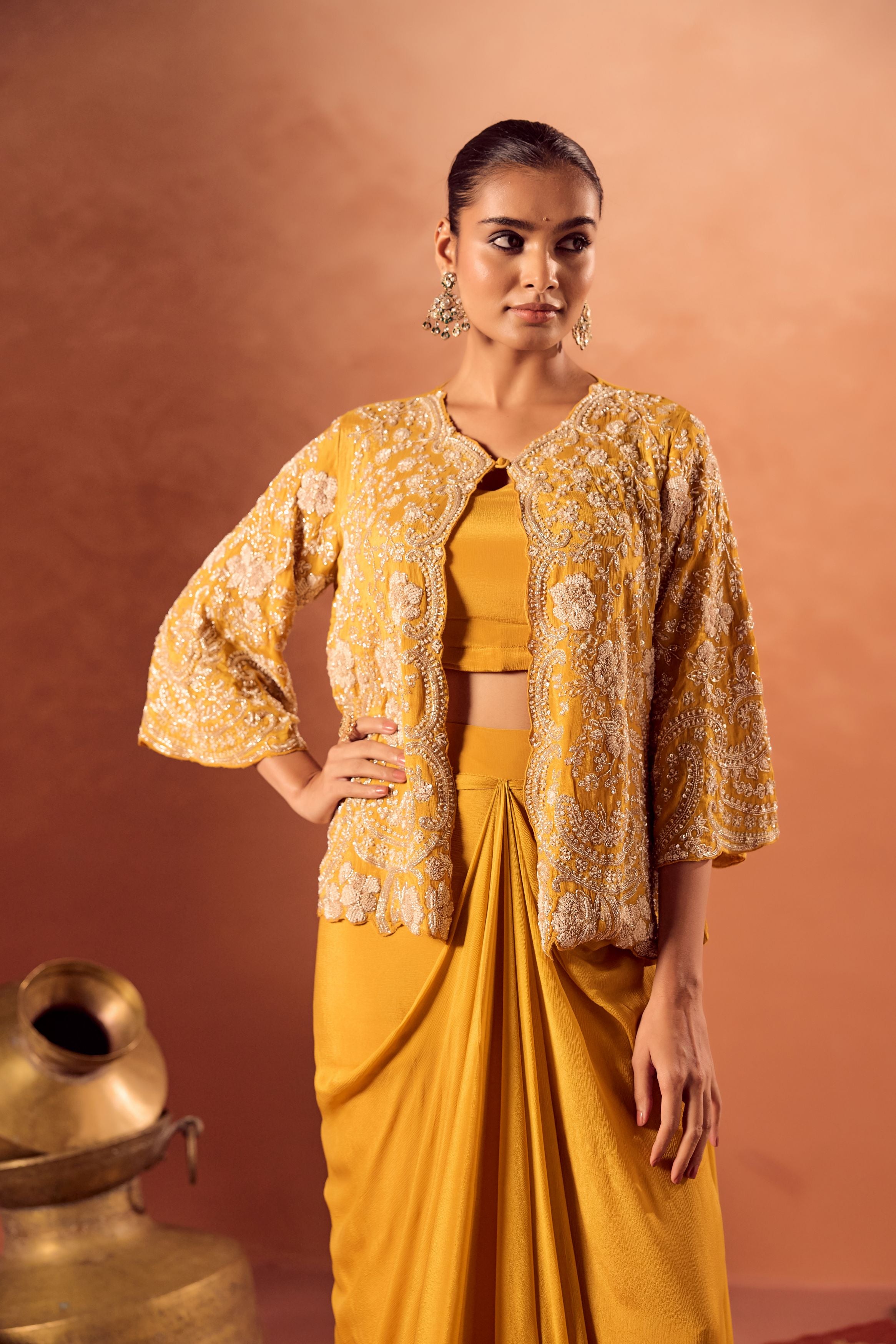 Bright Mustard Embellished Chinon Silk Skirt Set