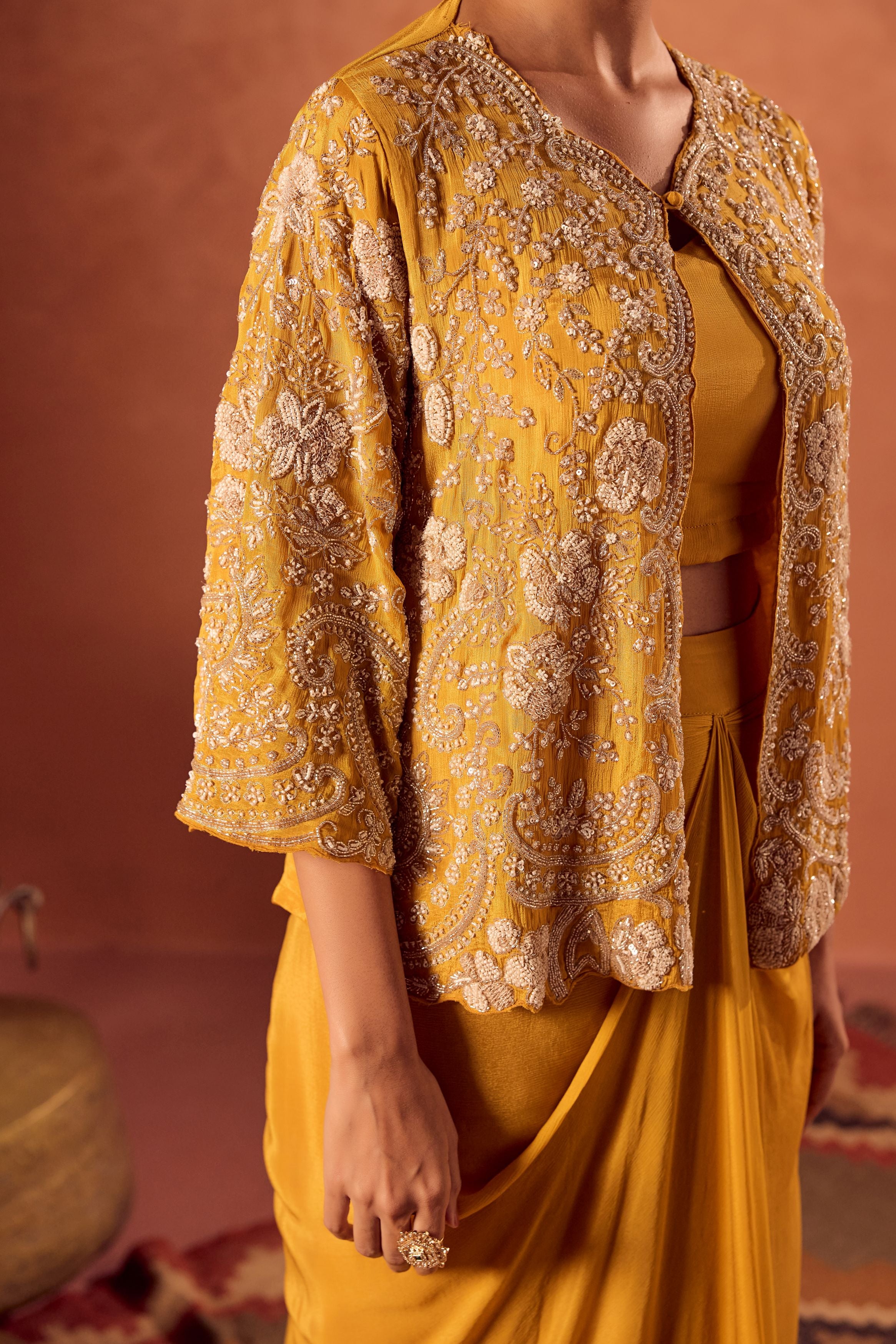 Bright Mustard Embellished Chinon Silk Skirt Set