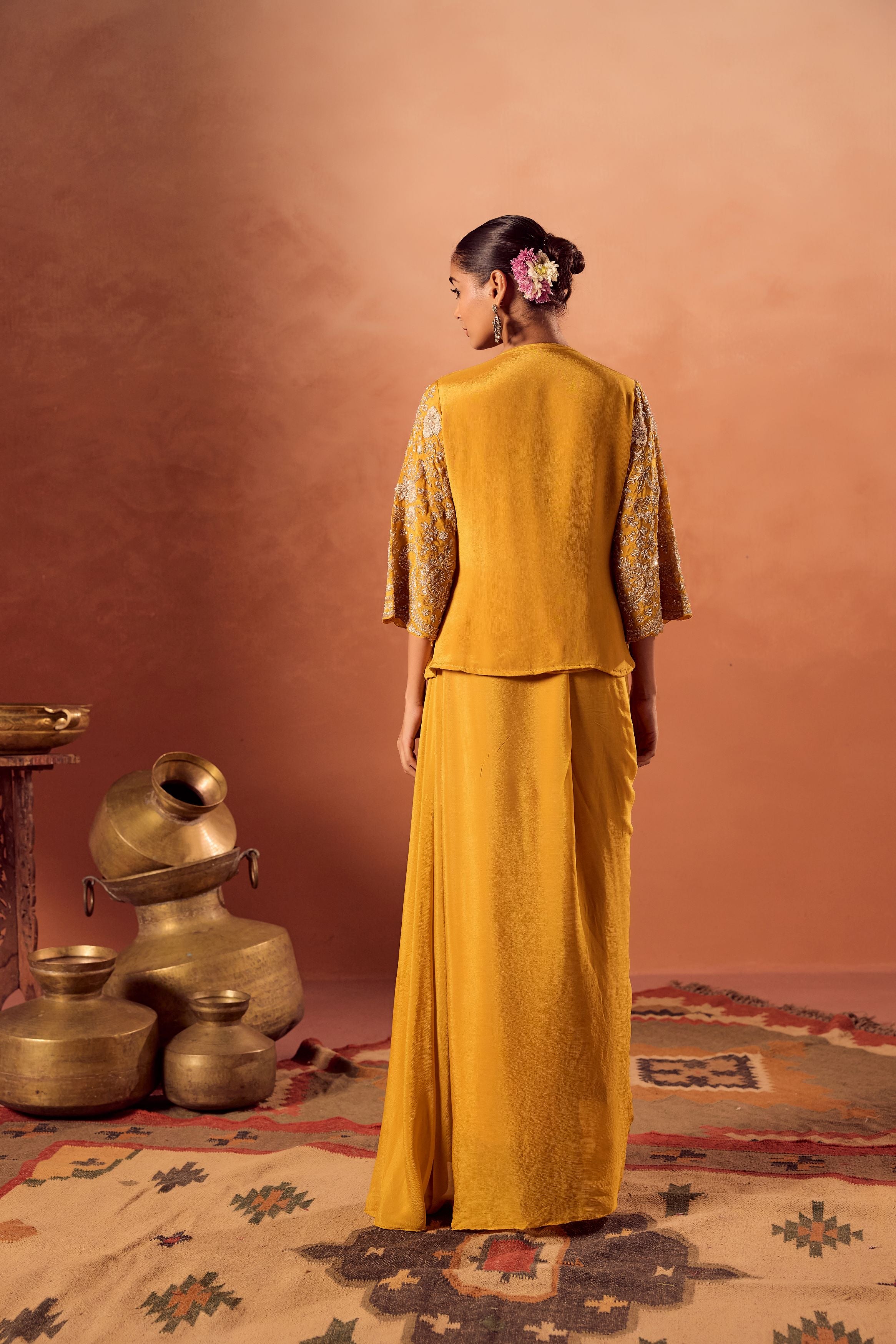 Bright Mustard Embellished Chinon Silk Skirt Set