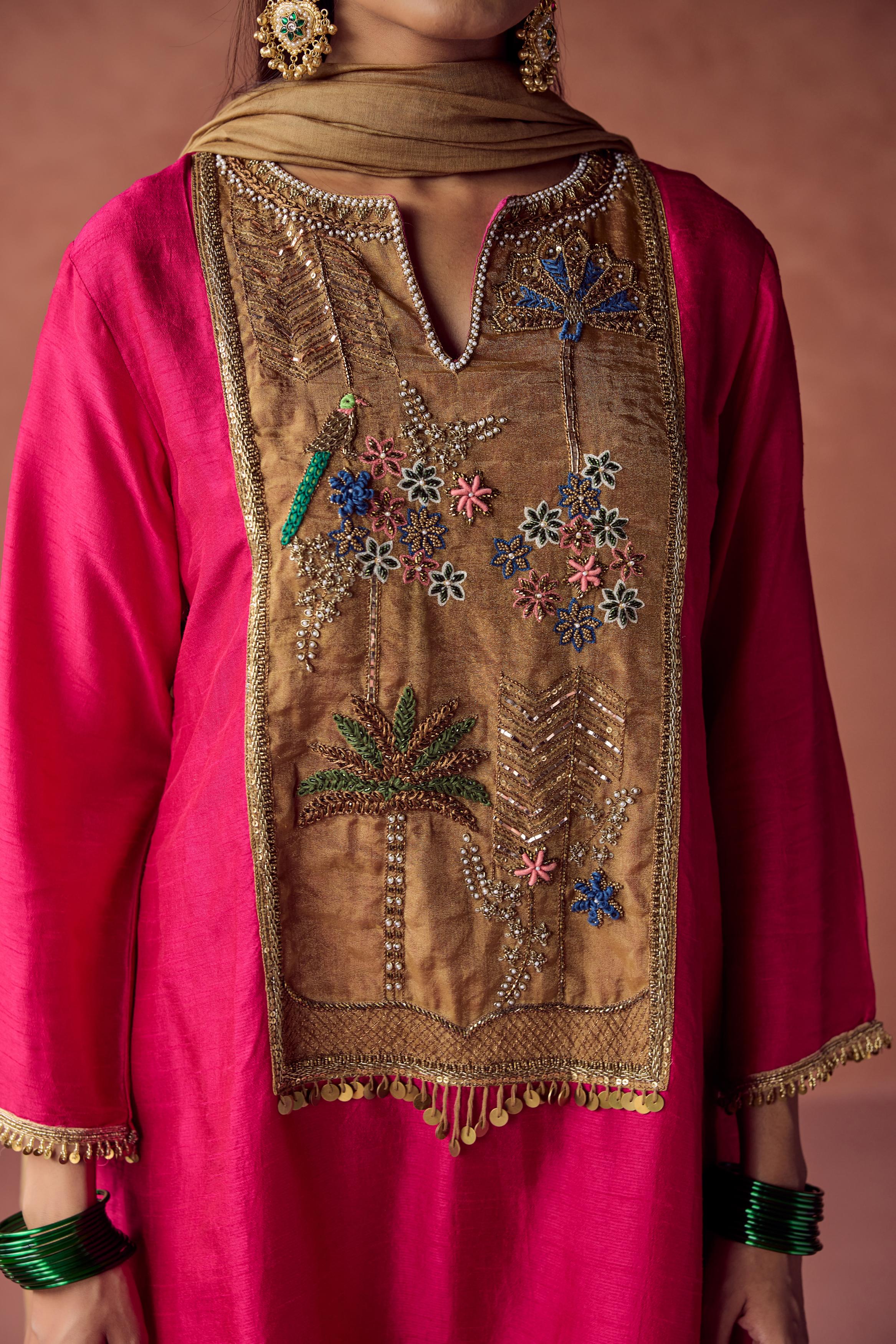 Hot Pink Embellished Raw Silk Palazzo Set