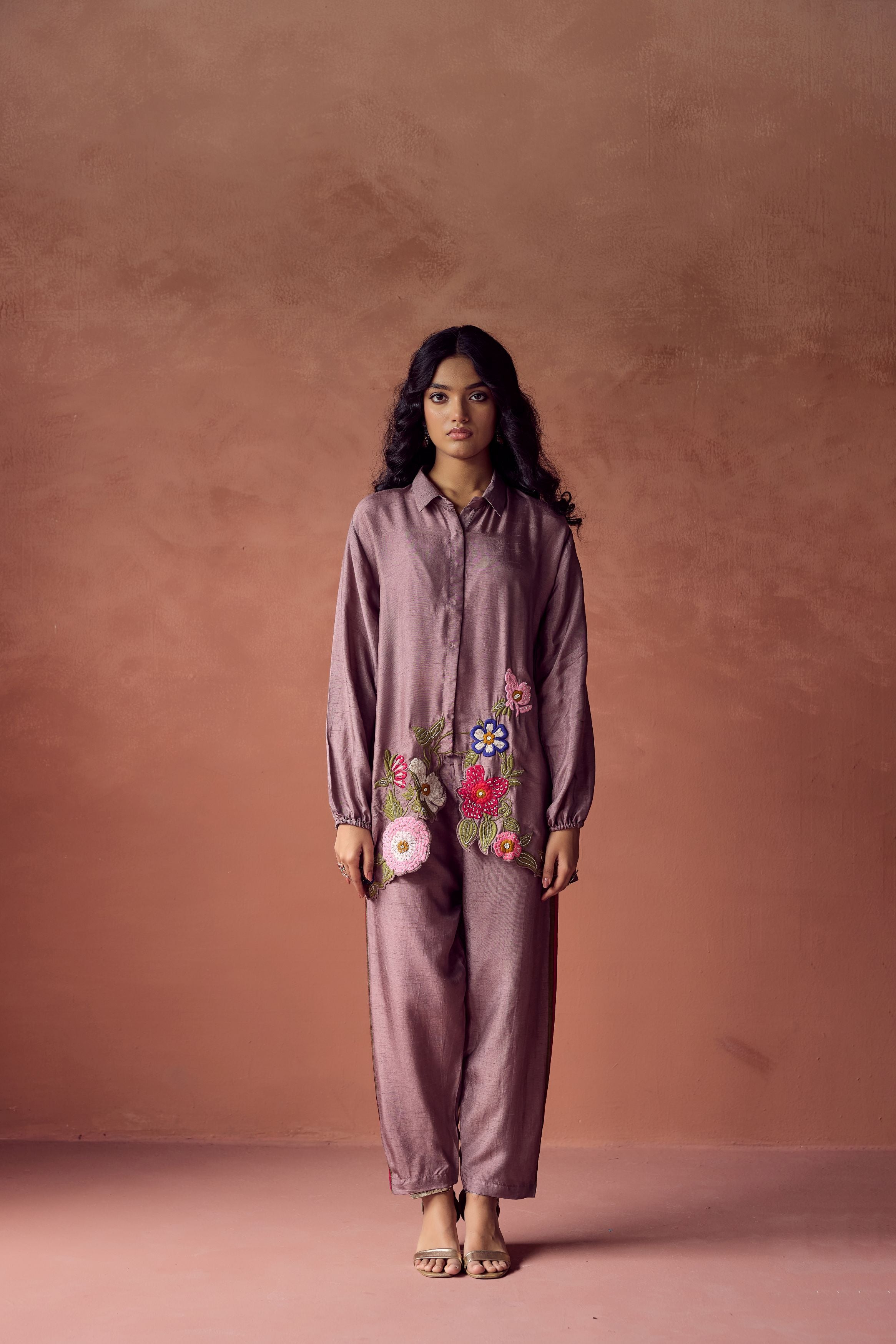 Dusty Mauve Embroidered Raw Silk Co- Ord Set