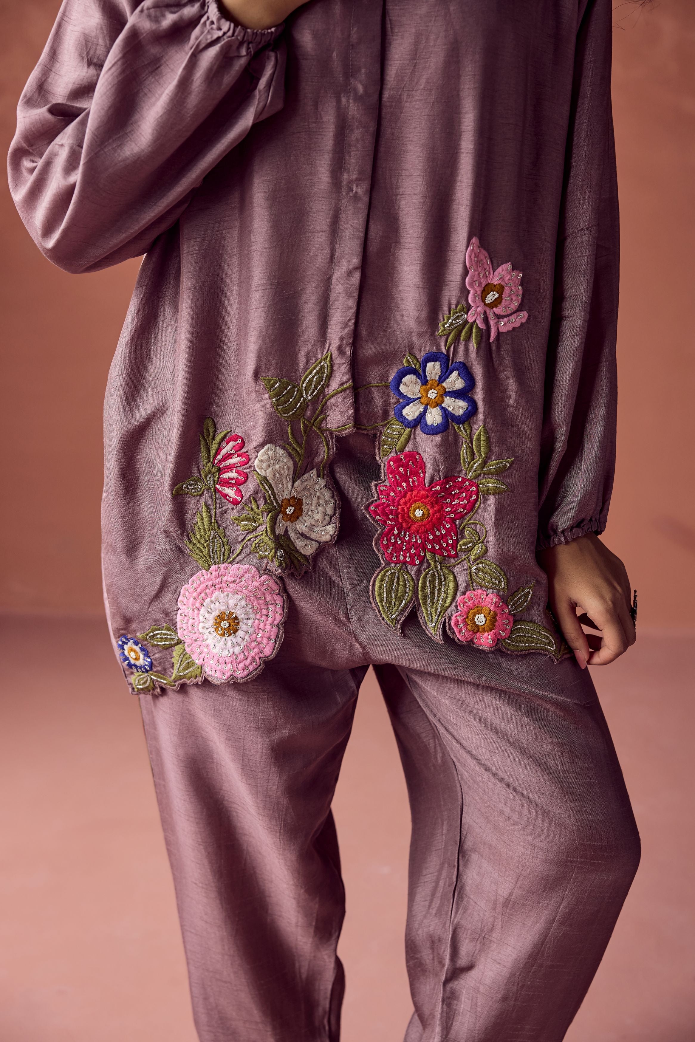 Dusty Mauve Embroidered Raw Silk Co- Ord Set