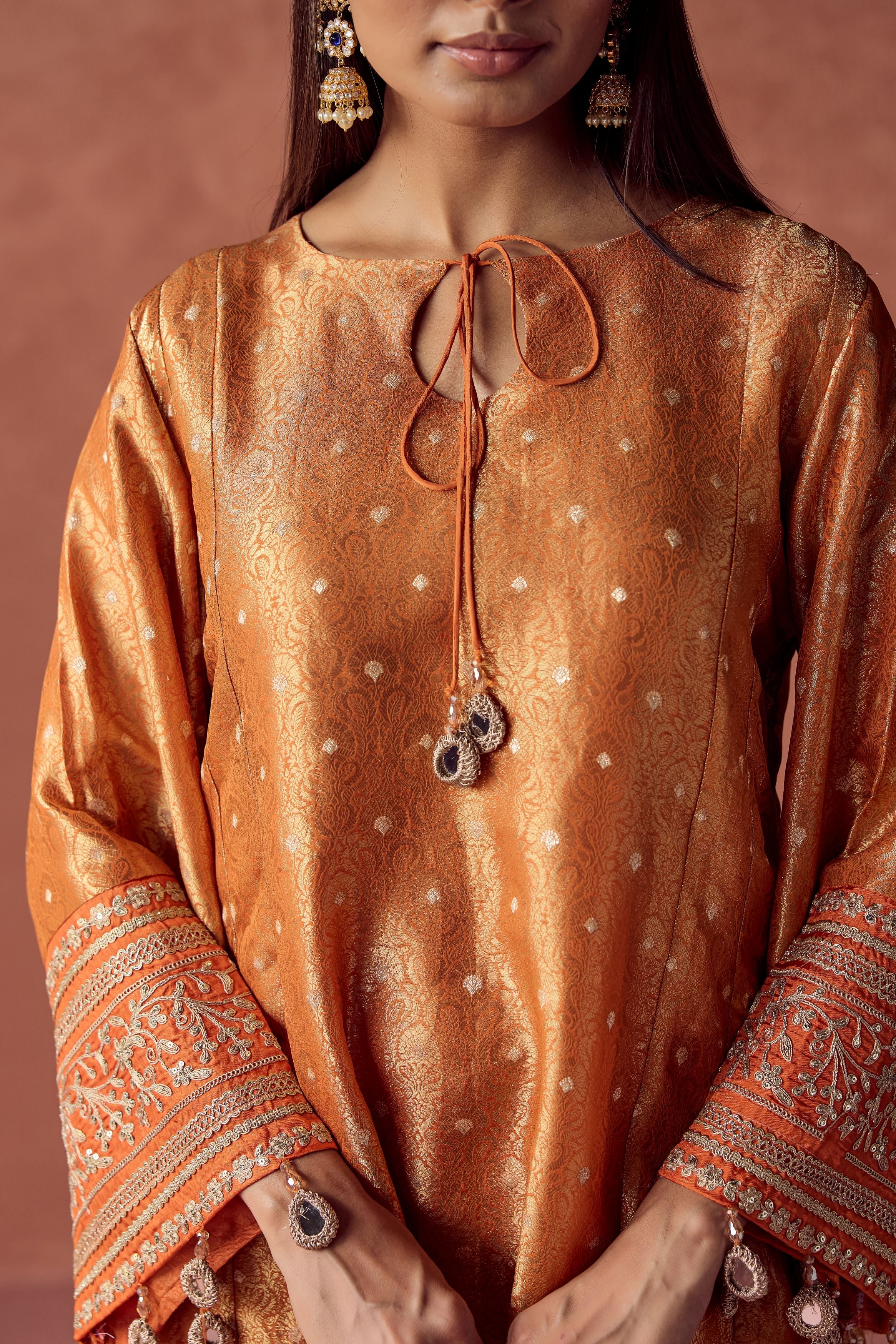 Bright Orange Embellished Brocade Organza Silk Pant Set