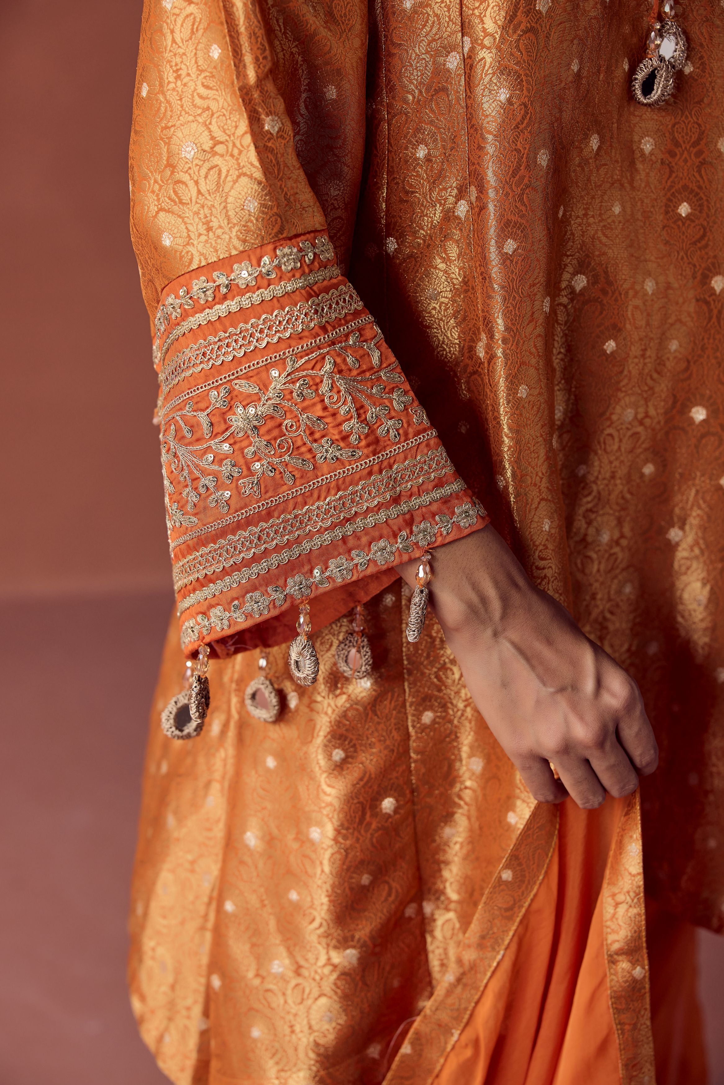 Bright Orange Embellished Brocade Organza Silk Pant Set