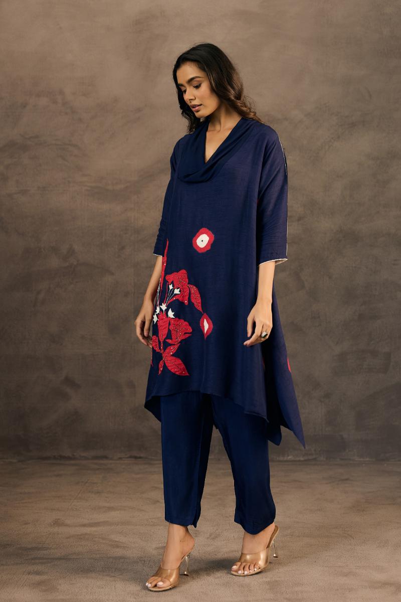 Navy Blue Embellished Raw Silk Pant Set