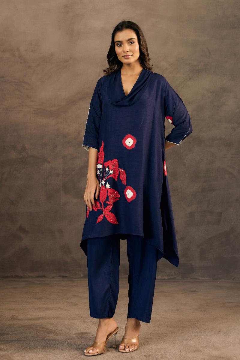 Navy Blue Embellished Raw Silk Pant Set