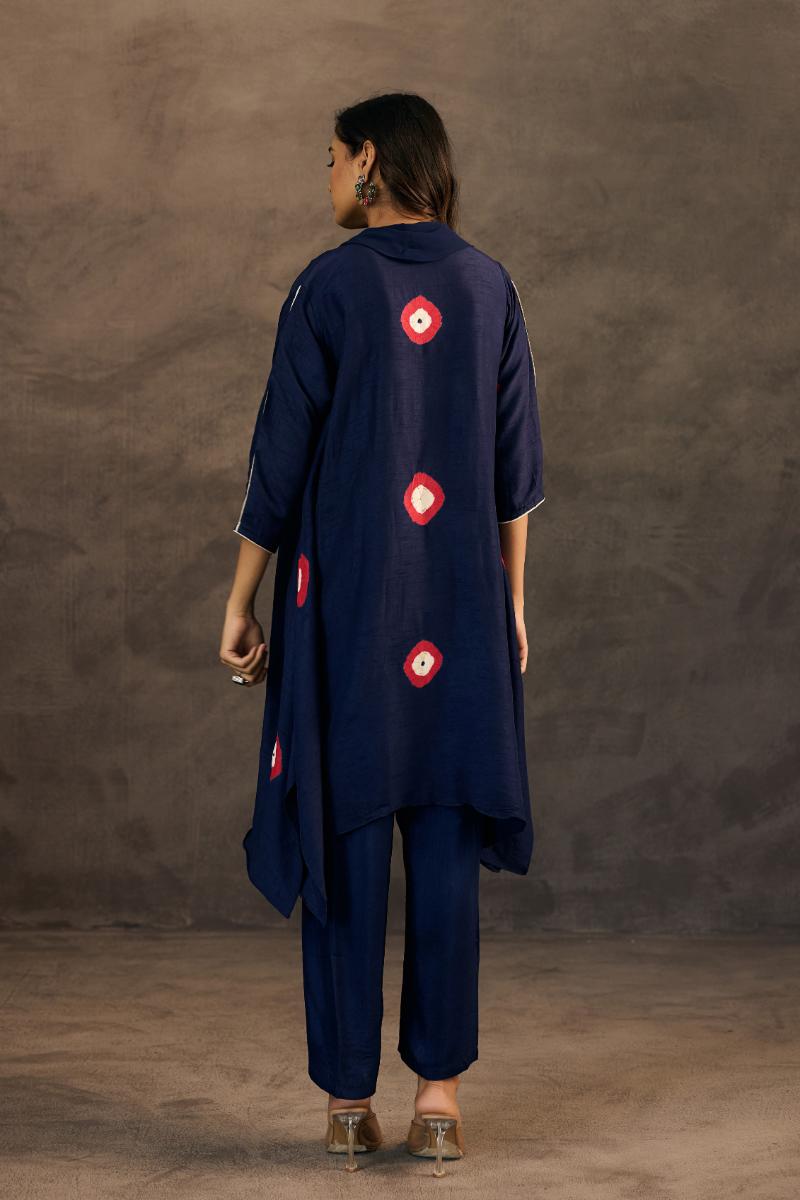 Navy Blue Embellished Raw Silk Pant Set