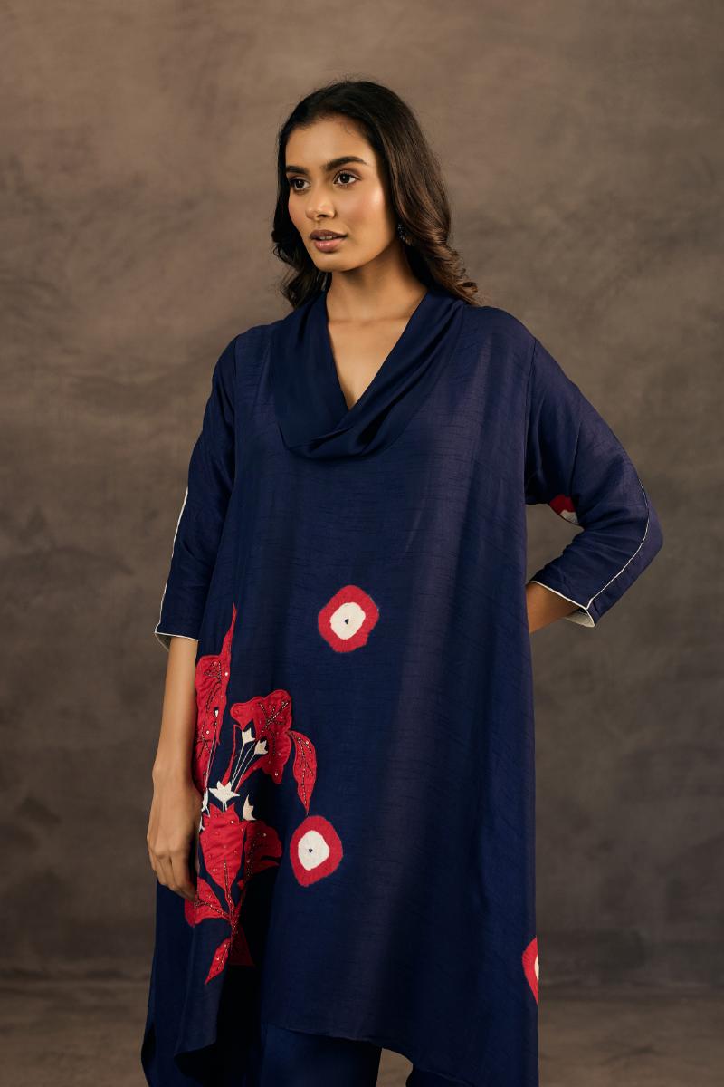 Navy Blue Embellished Raw Silk Pant Set