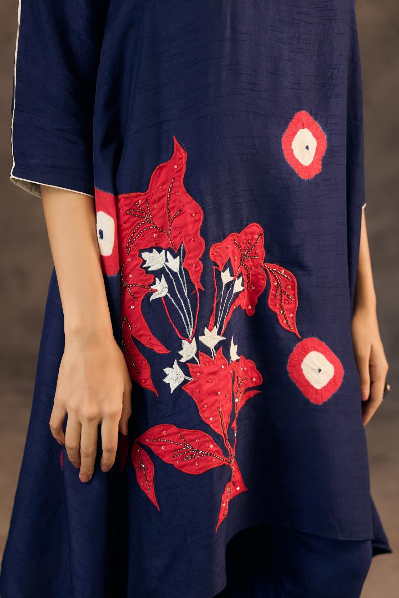 Navy Blue Embellished Raw Silk Pant Set