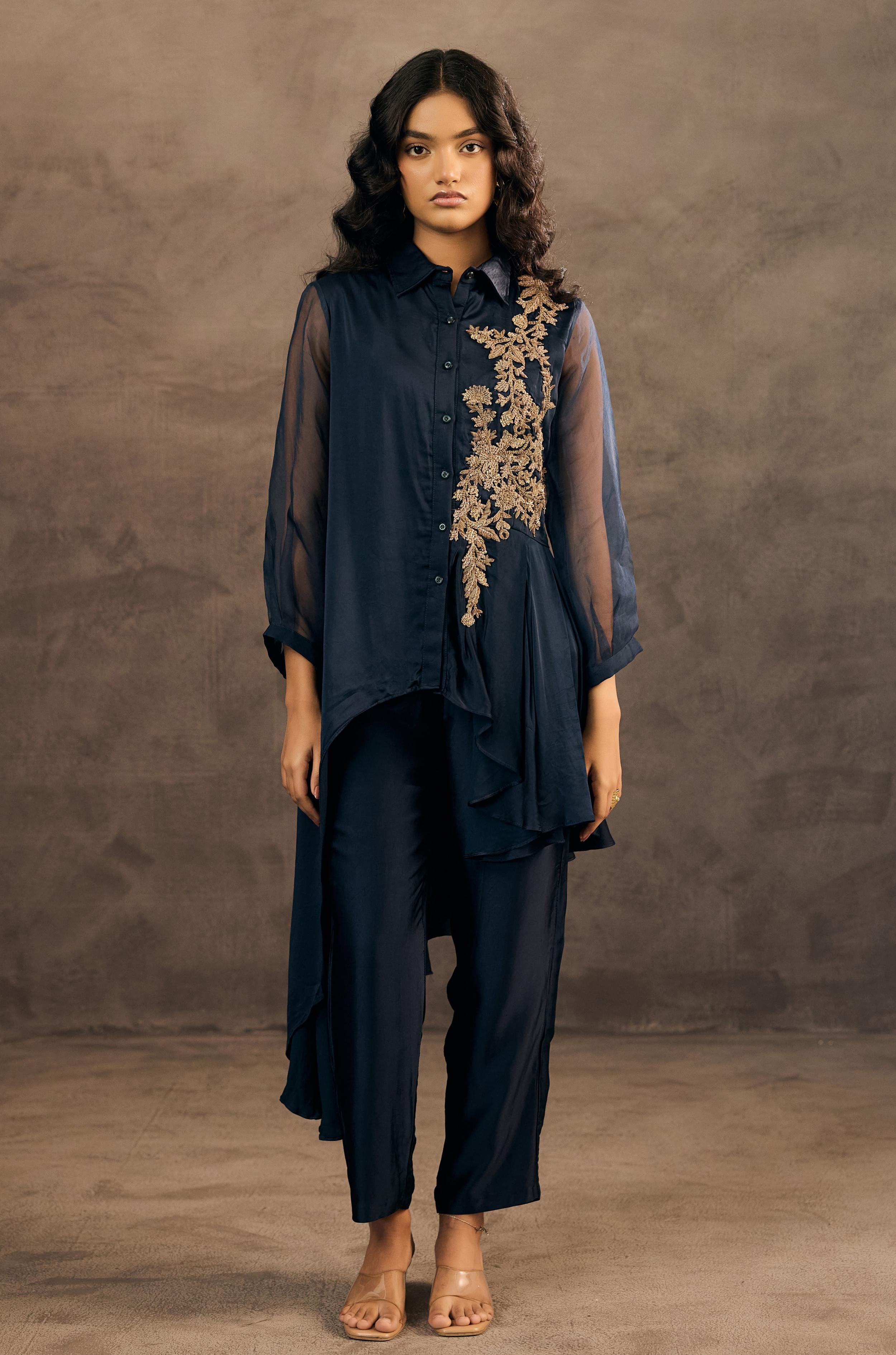 Deep Blue Embellished Satin Silk Co-Ord Set