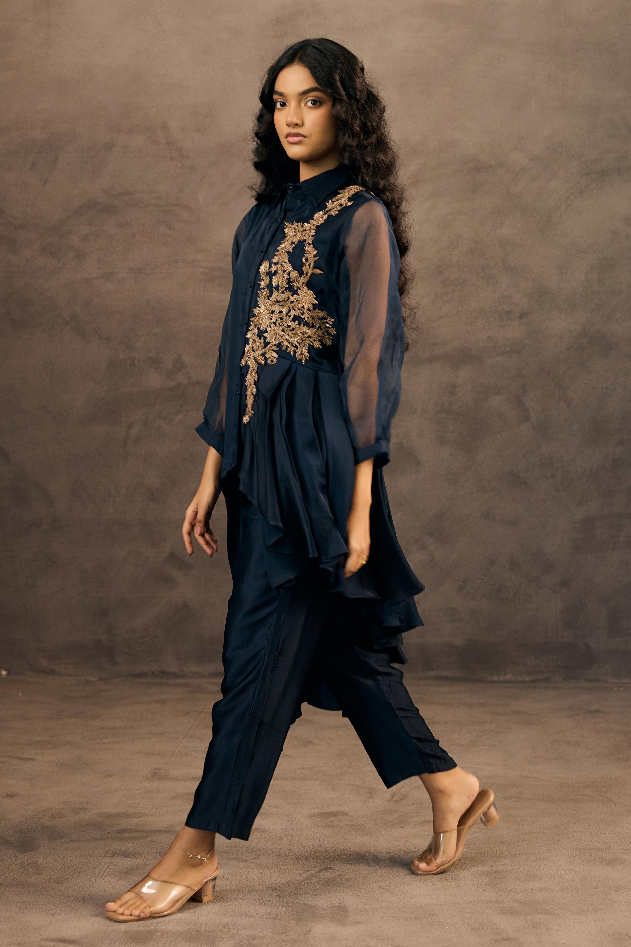 Deep Blue Embellished Satin Silk Co-Ord Set