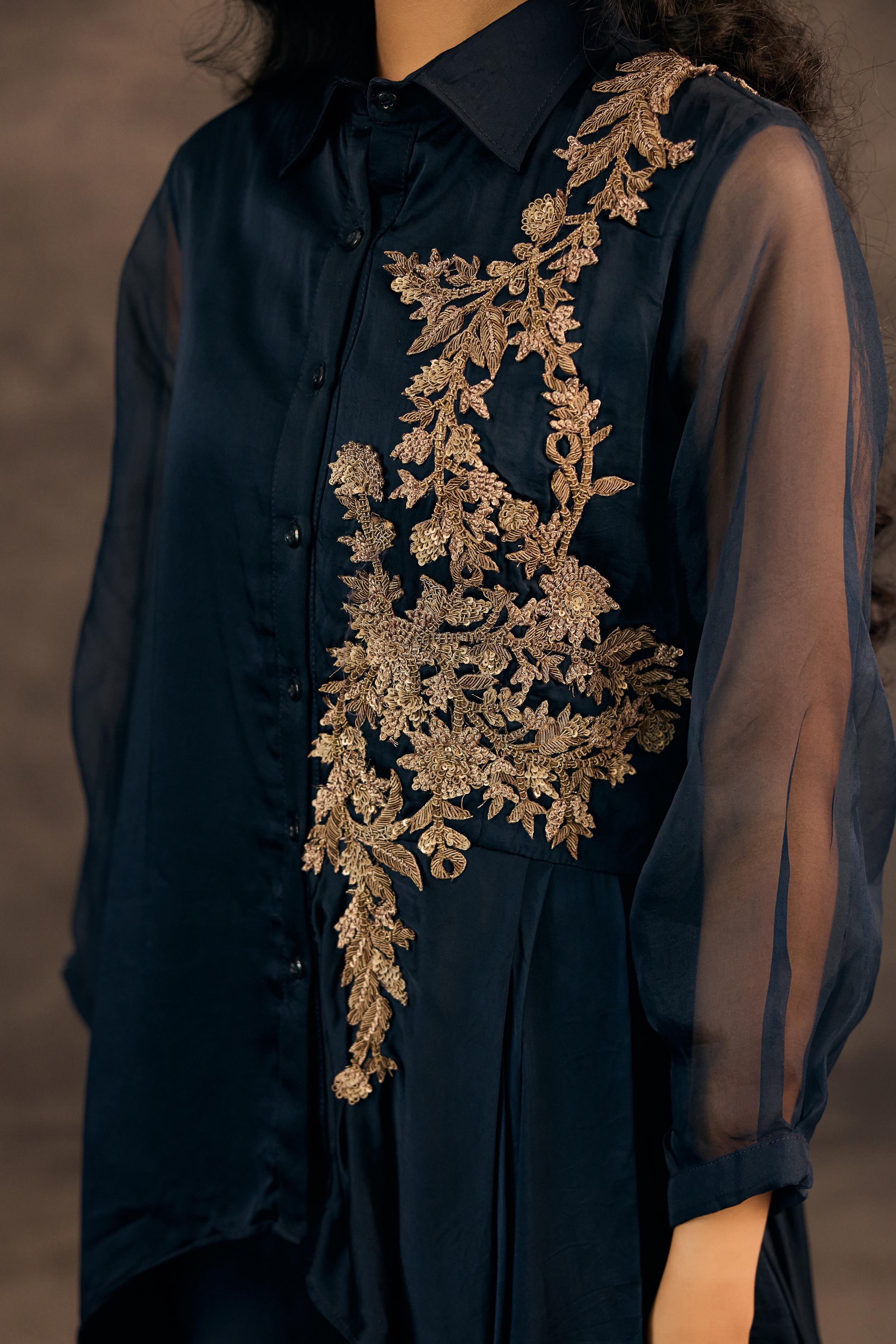 Deep Blue Embellished Satin Silk Co-Ord Set