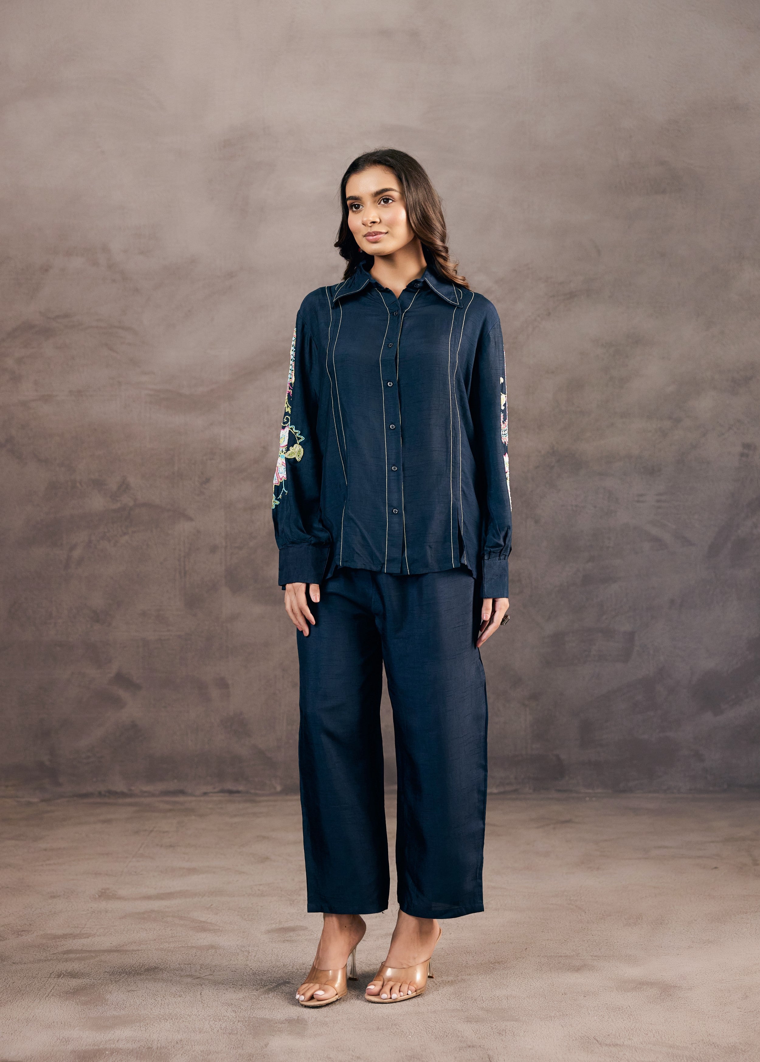 Midnight Blue Embroidered Raw Silk Co-Ord Set