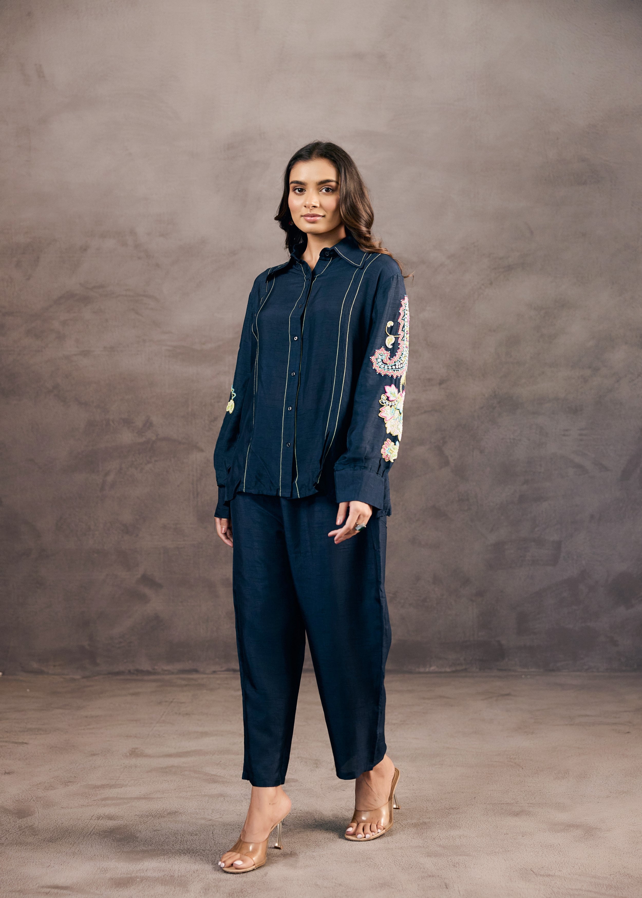 Midnight Blue Embroidered Raw Silk Co-Ord Set