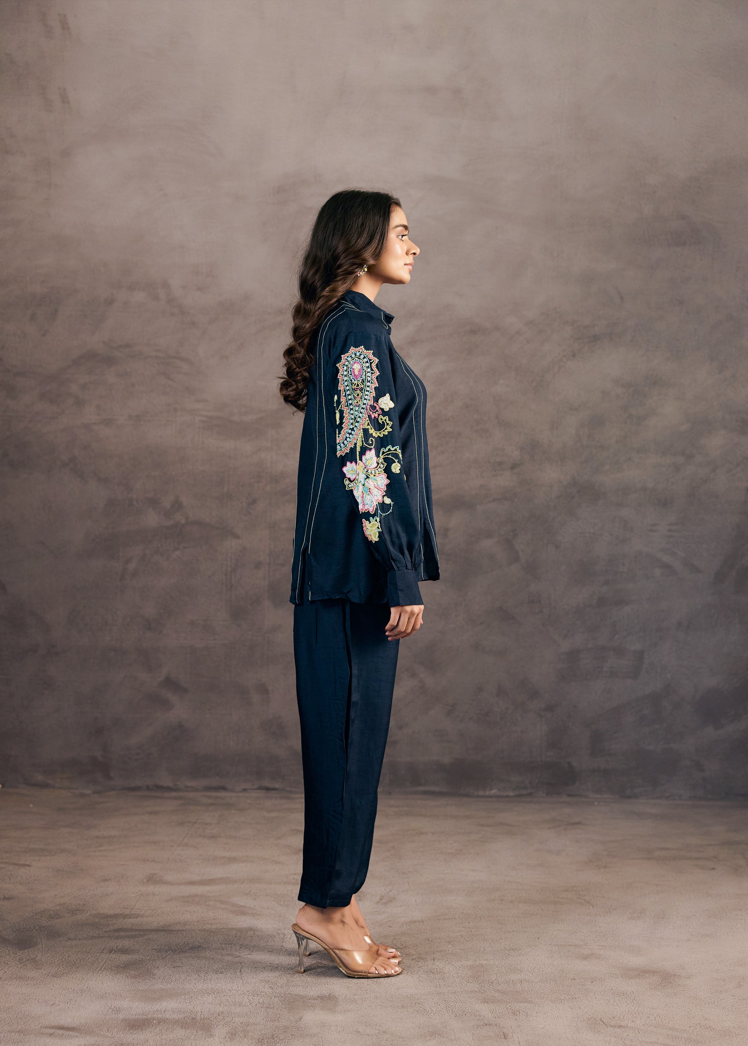 Midnight Blue Embroidered Raw Silk Co-Ord Set